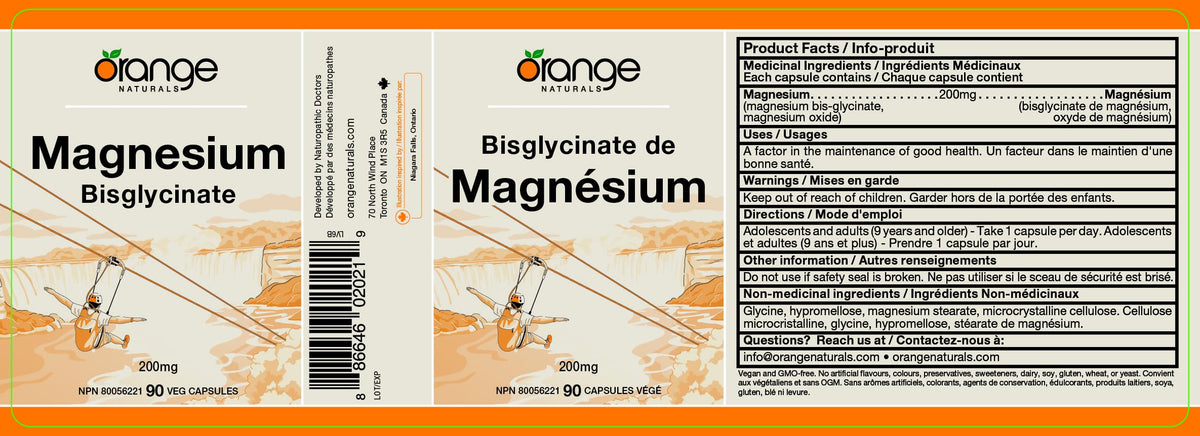 Orange Naturals Magnesium Glycinate 200mg, 90 Veg Capsules, Made in Canada