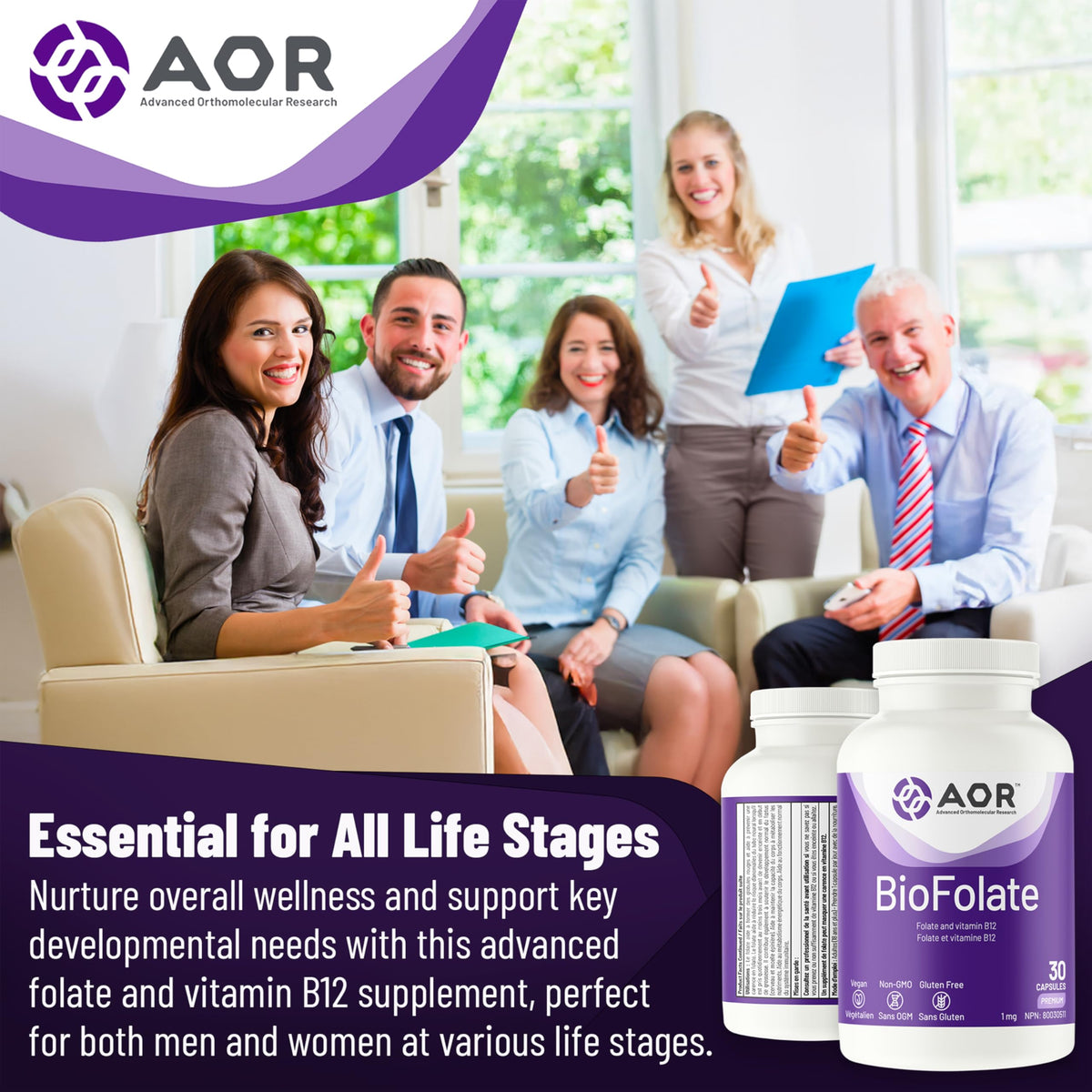 AOR BioFolate 1mg Methylfolate Supplement, B12, Vegan, Gluten Free, 30 Caps