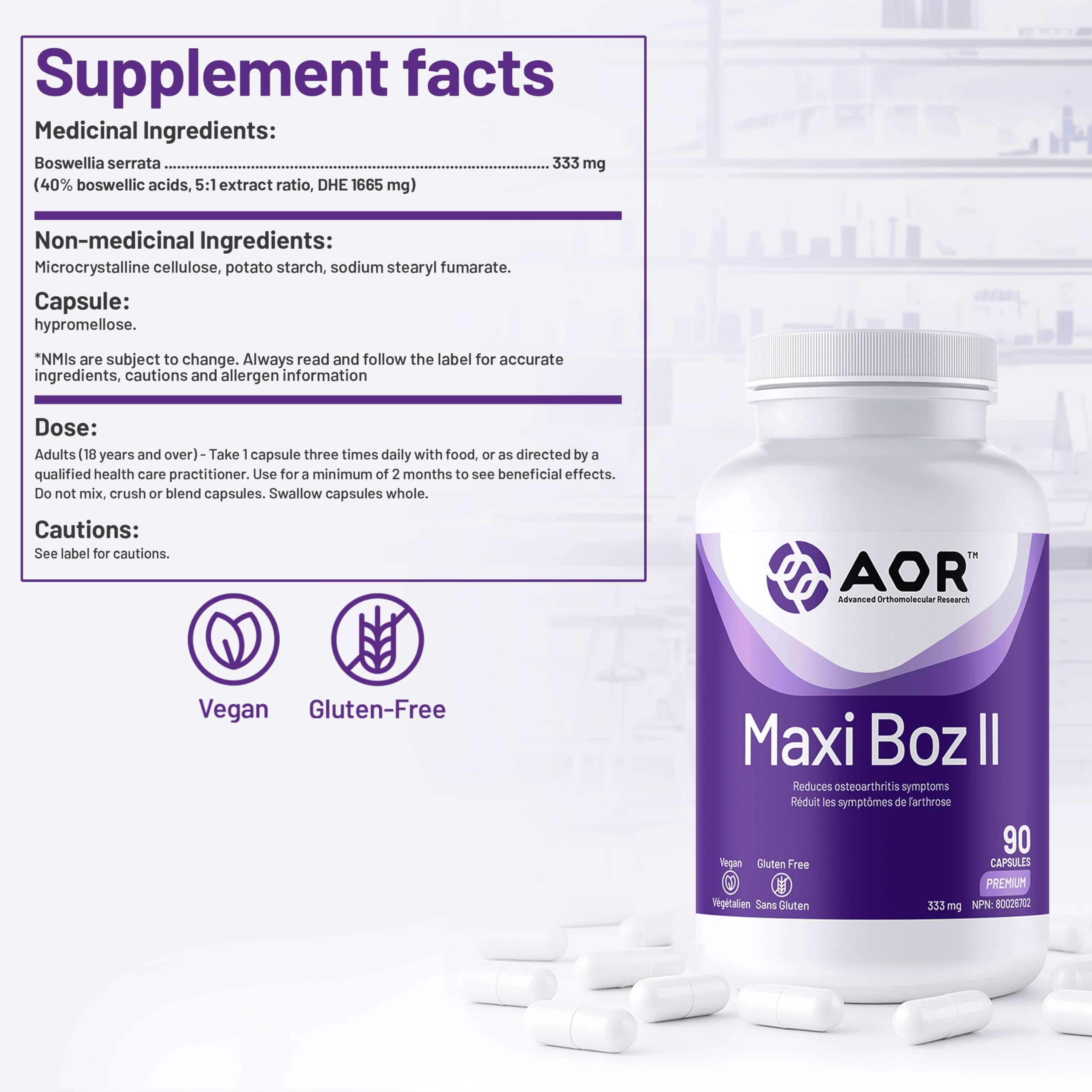 AOR - Maxi-Boz II 333mg, 90 capsules, cure de 30 jours - Extrait de Boswellia Serrata haute puissance pour le confort et la souplesse des articulations - Végétalien et sans gluten - Soutient l'amplitude des mouvements, favorise la facilité de mouvement