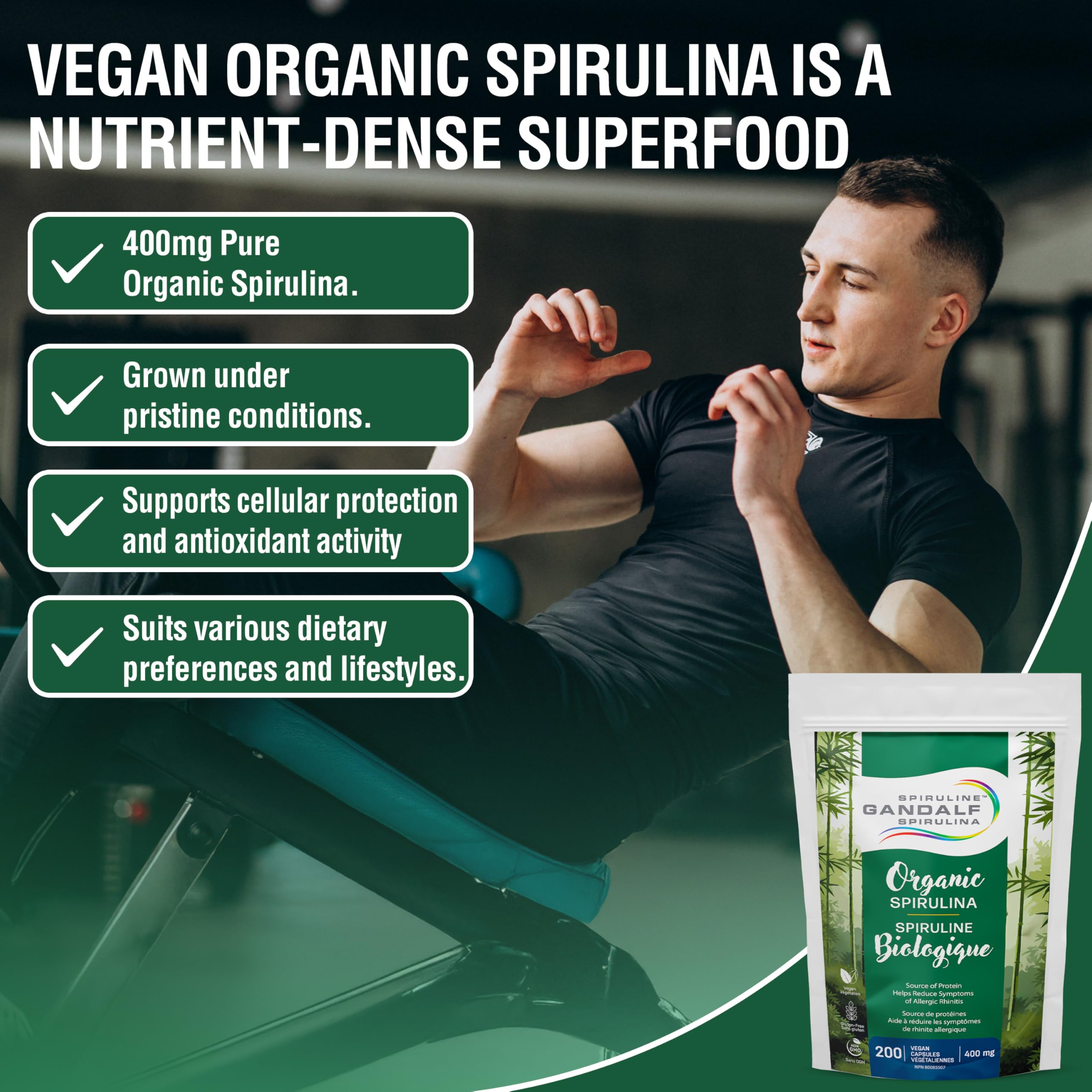 Gandalf Pure Organic Spirulina 400mg 200 Vegan Capsules - Vegan, Non-GMO & Gluten-Free - Blue-Green Algae, Nutrient-Dense Superfood with Iron and Antioxidants