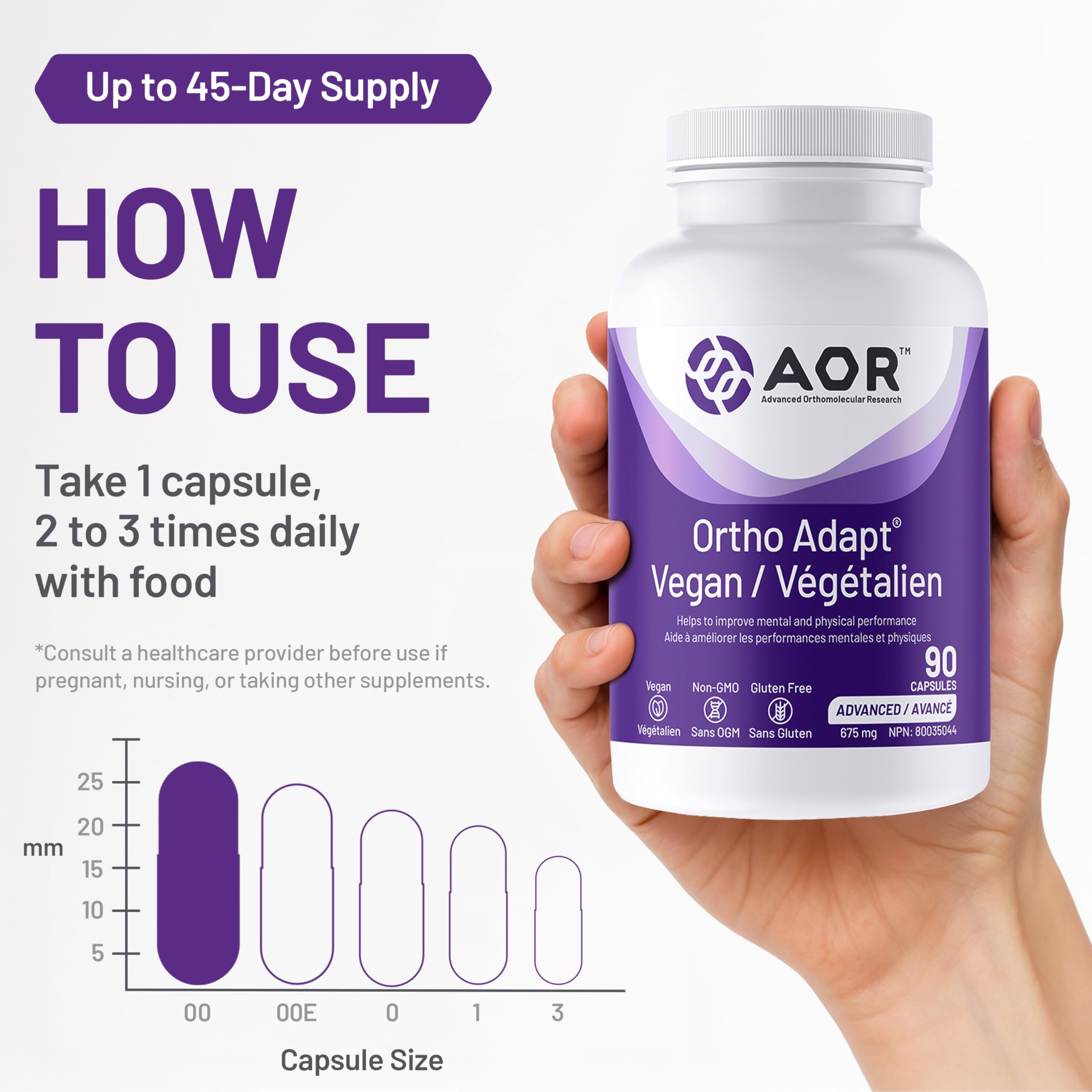 AOR Ortho Adapt Vegan 675mg, 90 gélules (45 jours) - Soutient l'énergie, contient de l'ashwagandha, de la rhodiola rosea, du ginseng sibérien et de la vitamine C - Adaptogènes pour améliorer les performances physiques et mentales