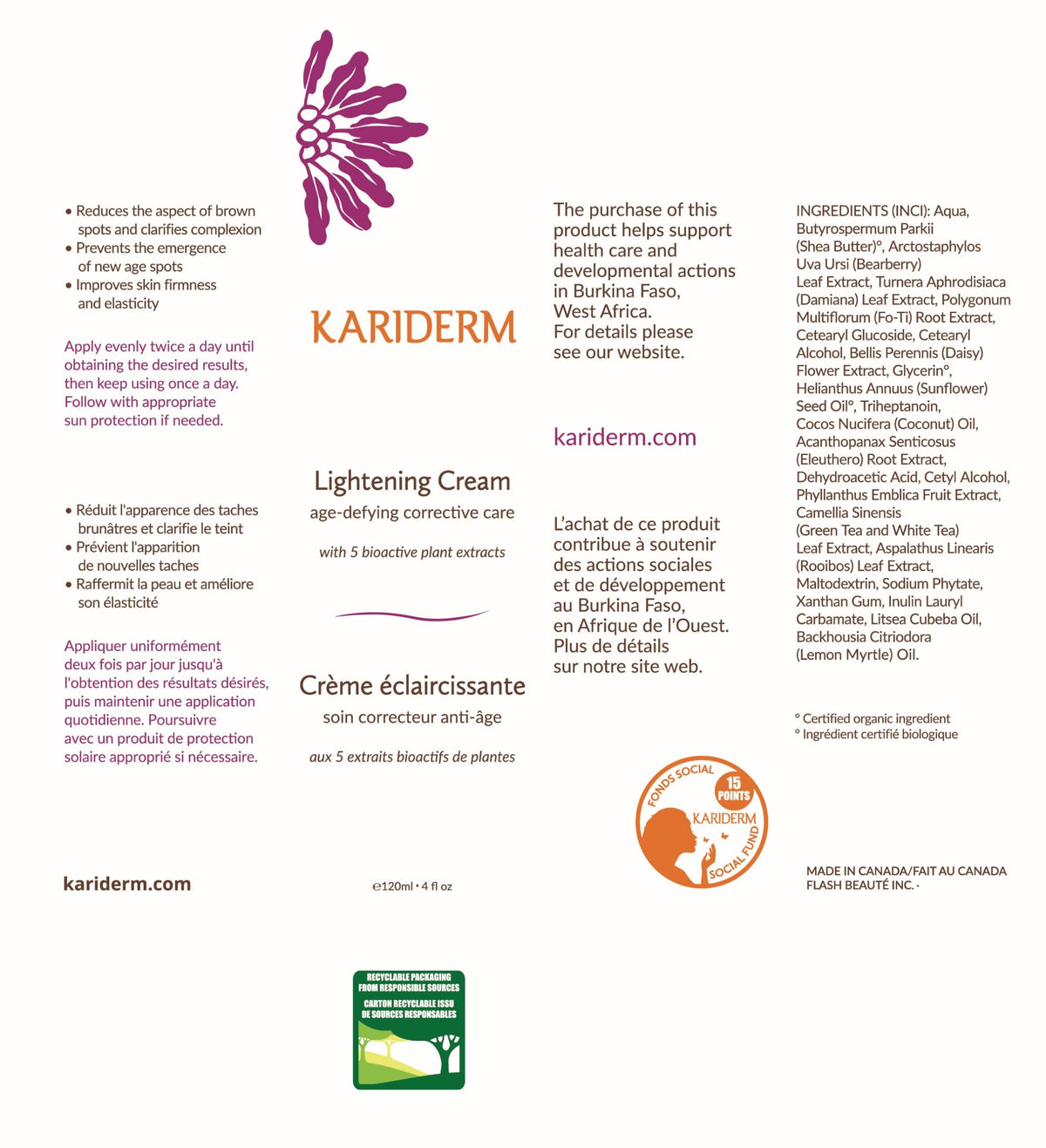 KARIDERM Lightening Cream 120ml, Organic Shea Butter with Bearberry & Damiana, Age-Defying Daily Care for Even Skin Tone