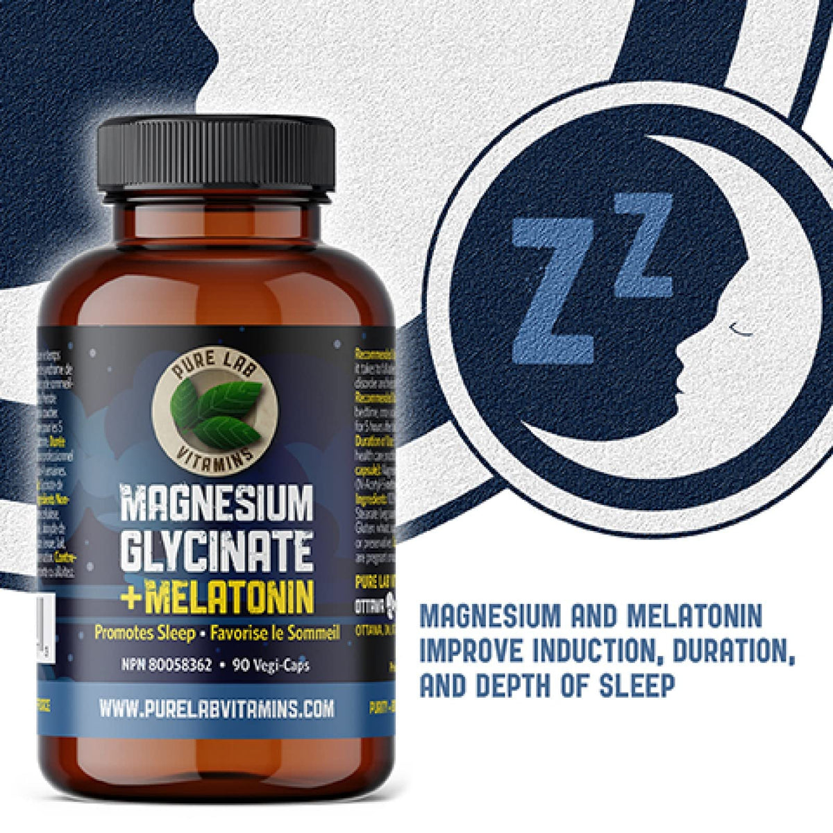 Pure Lab Vitamins - Magnesium Glycinate 100mg with Melatonin 3mg, 90 Vegan Caps - 3mg Melatonin and Magnesium Glycinate Supplement