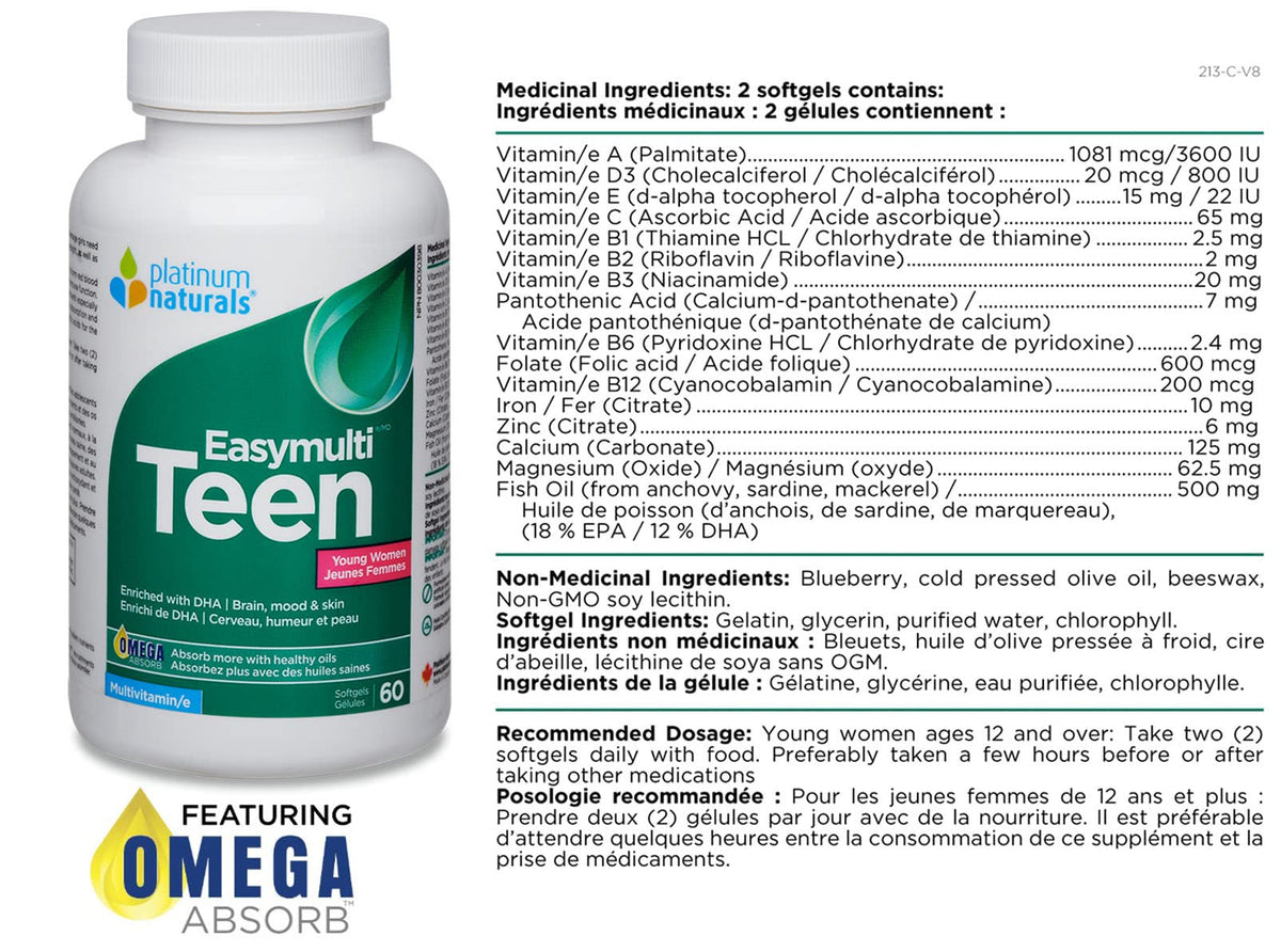 Platinum Naturals Easymulti Teen for Young Women, 60 Softgels, Comprehensive Multivitamin with Iron, Vitamin B6 & B12, D3, Calcium, Support Brain Health & Skin, Nutritional Supplement for Teen Girls