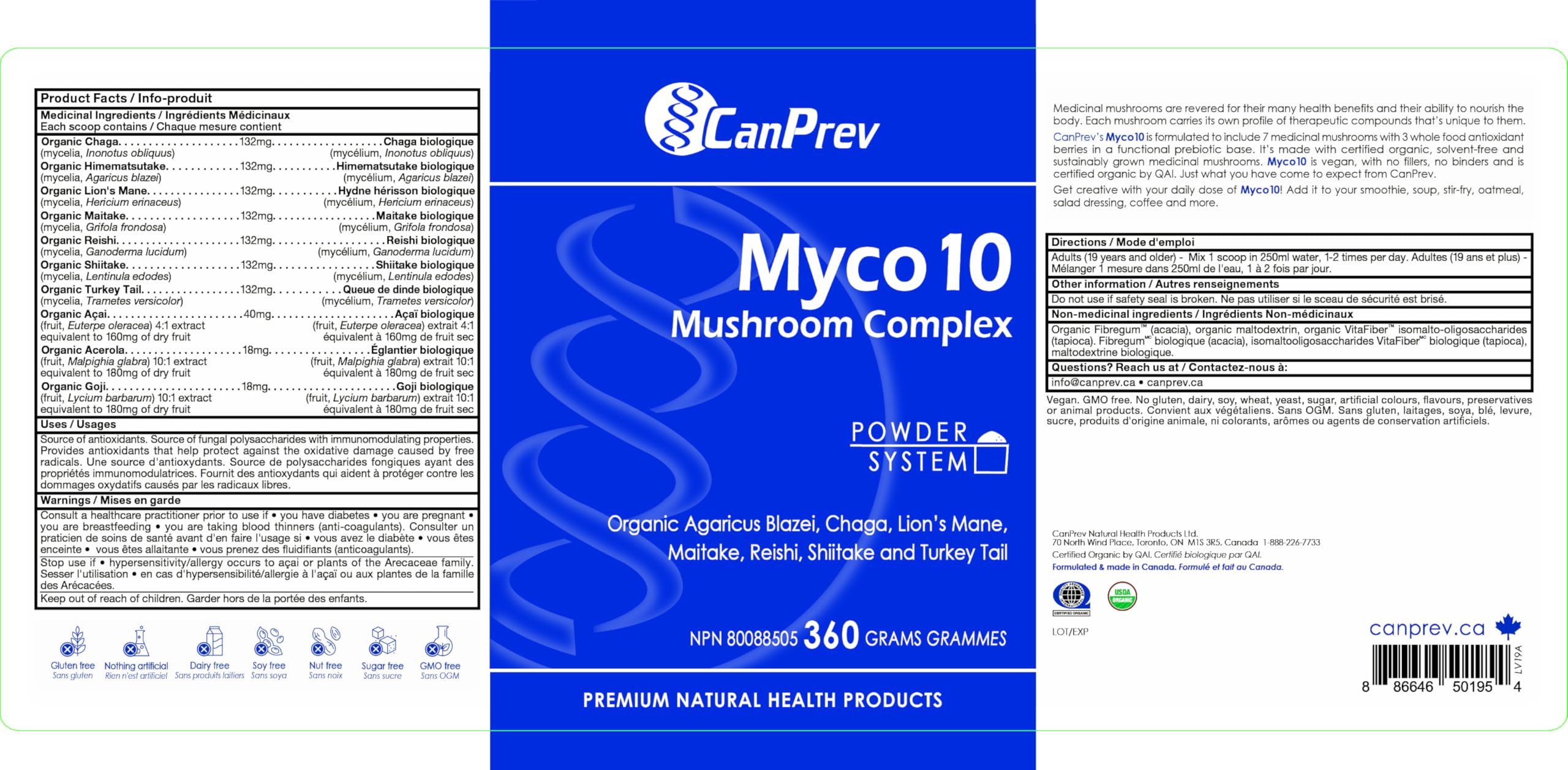 CanPrev Myco10 Complexe de champignons immunomodulateurs 360 g en poudre 100 portions - Coryolus Versicolor, Crinière de lion, Chaga, Reishi, Shiitake, Agaricus Blazei et Maitake en poudre - Végane, sans OGM et sans gluten