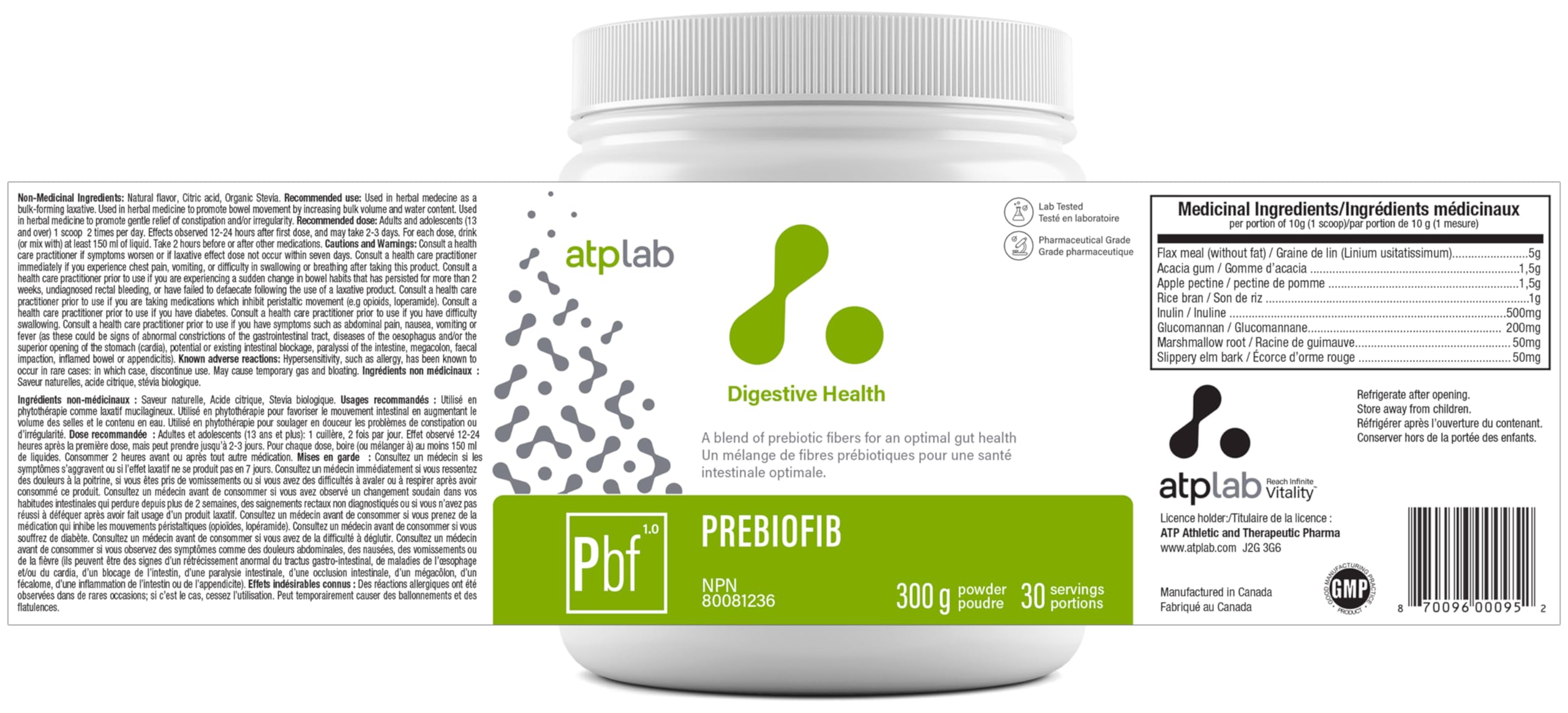 ATP LAB - PreBioFib Régulier 300g 30 Portions - Supplément de fibres prébiotiques en poudre - Supplément de fibres solubles pour la constipation, la santé intestinale et digestive