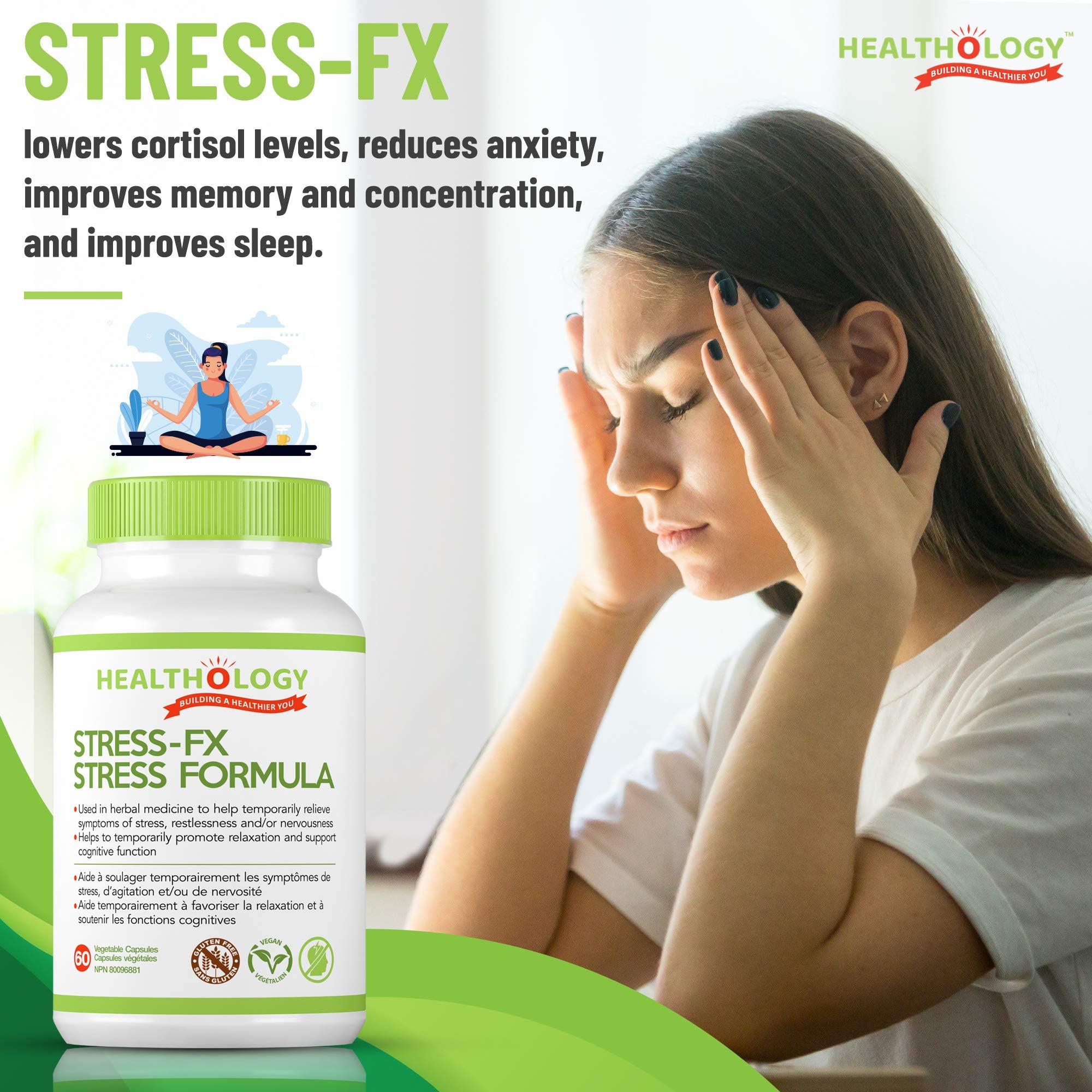 Healthology Stress-FX Stress Formula – Cortisol & Calm Support with Rhodiola, Ashwagandha & GABA – 60 Veg Capsules – Vegan, Gluten-Free, Non-GMO