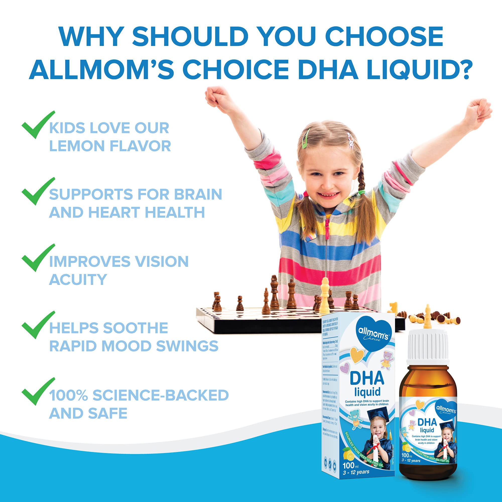 DHA for Kids - No Fishy Taste, Age 3 to 12, Non GMO - Helps Kids Brain Development and Focus, Improves Mood - 300 mg DHA, 200 mg EPA from 1000 mg Omega 3 Fish Oil - 40 Days Supply - Allmom's Choice