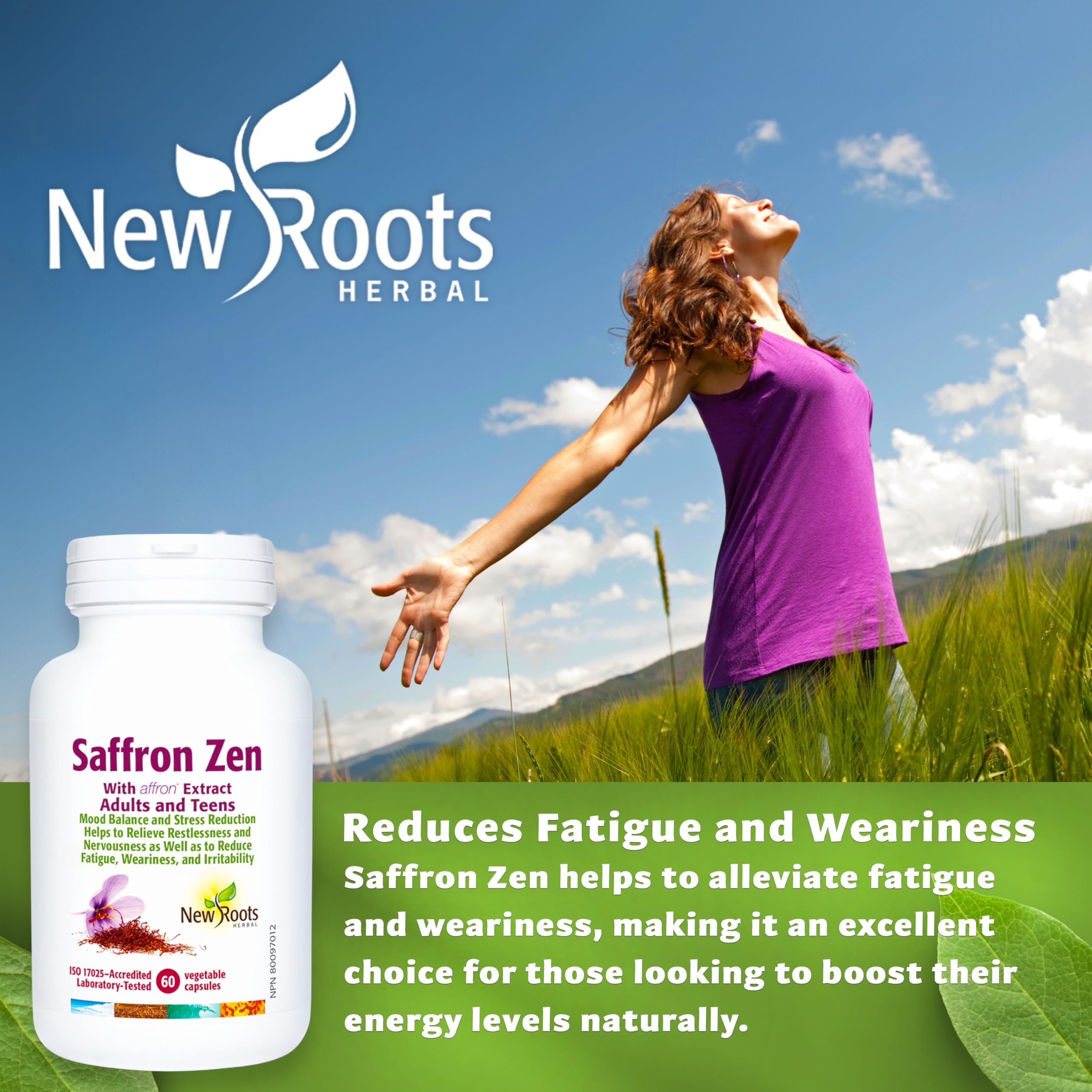 New Roots Herbal Saffron Zen, Affron Extract for Emotional Balance & Relaxation, Relieves Restlessness, Mental Calm, Non-GMO, 60 Veg Capsules 30 Day Supply