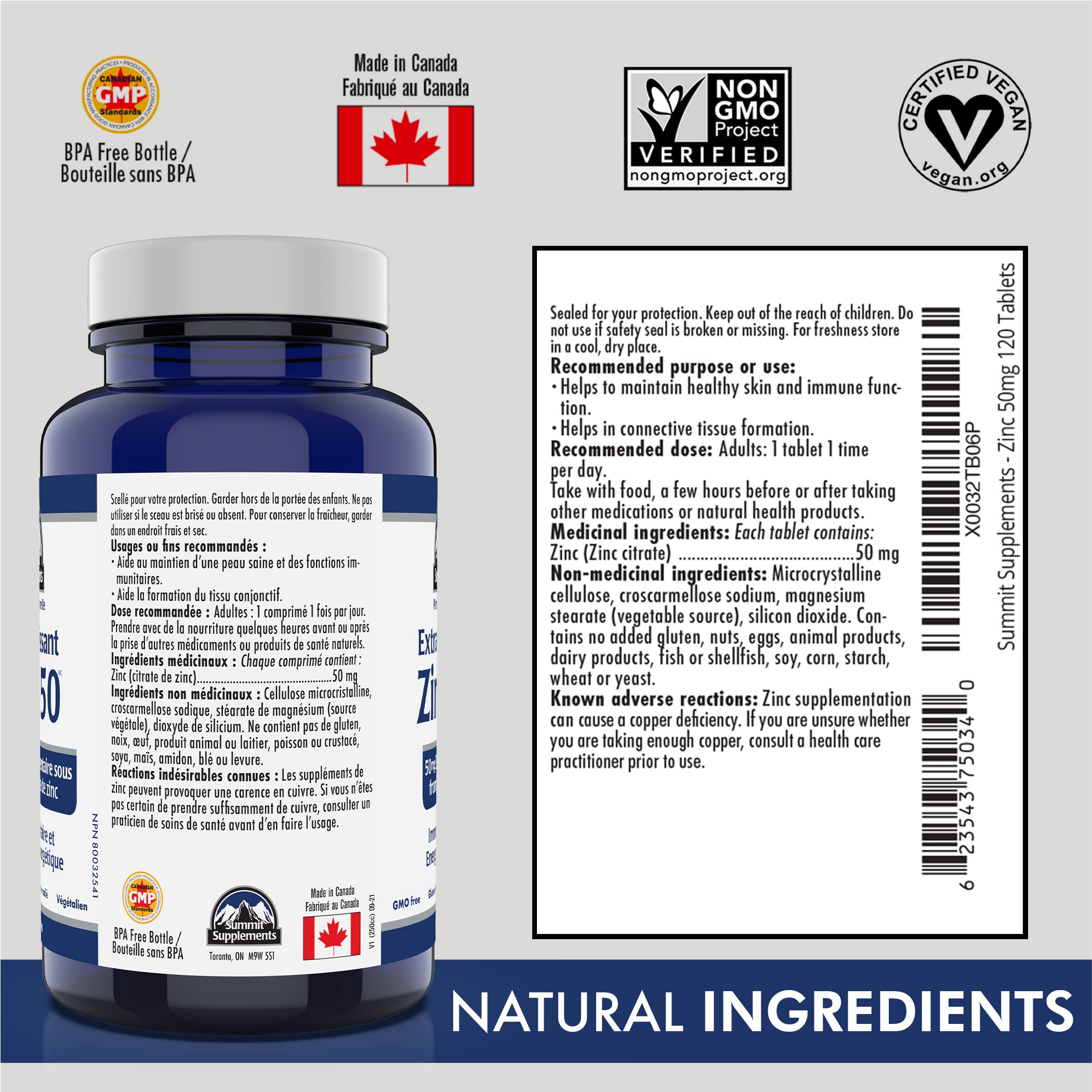 Proudly Canadian & Plastic Negative - Chelated Zinc Citrate 50mg 120 Vegan Tablets 120-Day Supply - Healthy Skin, Enhanced Sleep and Immune Support - 3rd Party Tested - Formulated & Made in Canada