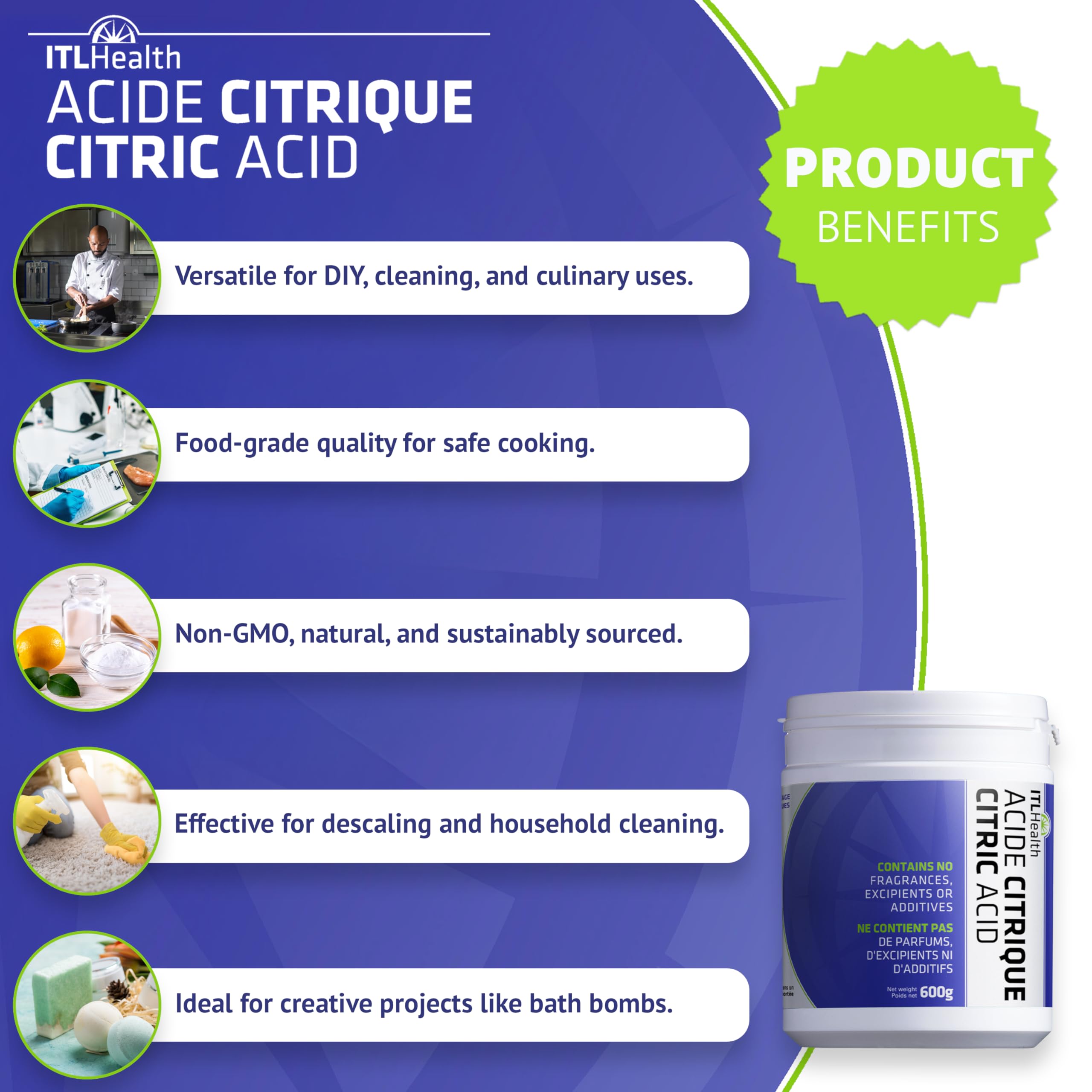 ITL Health Citric Acid Powder 600g - Pure, Food-Grade Quality for DIY Bath Bombs, Descaling & Household Cleaning, Non-GMO, Cleaner, Natural Ingredient for Cooking & a Variety of Home Uses