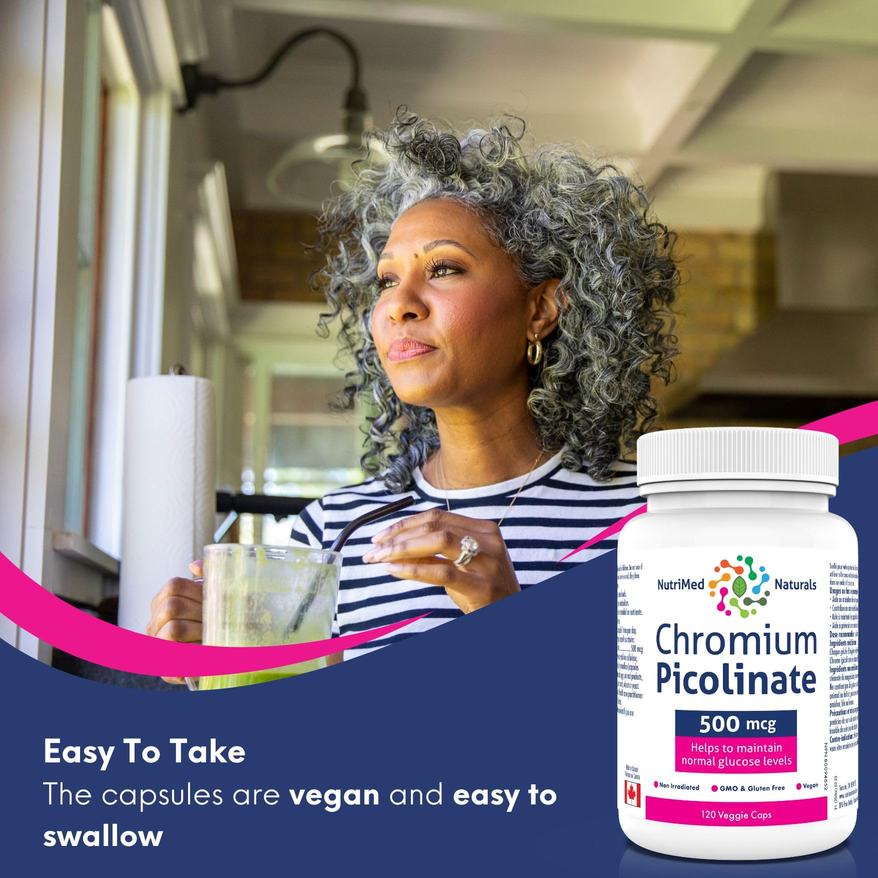 Nutrimed Naturals - Picolinate de chrome 500mcg, 120 Gélules pour 120 Jours - Soutien de la Glycémie et du Sucre Sanguin - Soutien de la Masse Musculaire et du Métabolisme - Testé par un Tiers - Formulé et Fabriqué au Canada