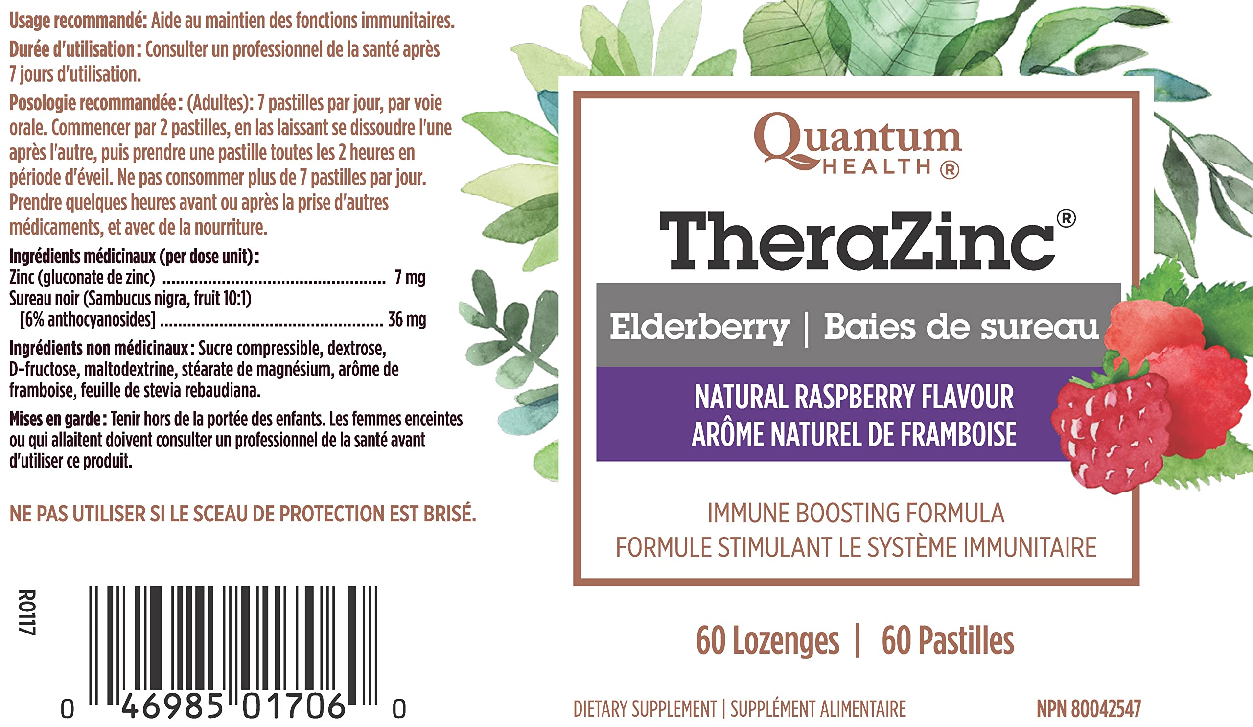 Quantum Health TheraZinc Elderberry 60 Lozenges - Natural Raspberry Flavour - Helps to Maintain Immune Function - Zinc Gluconate and Sambucus Nigra
