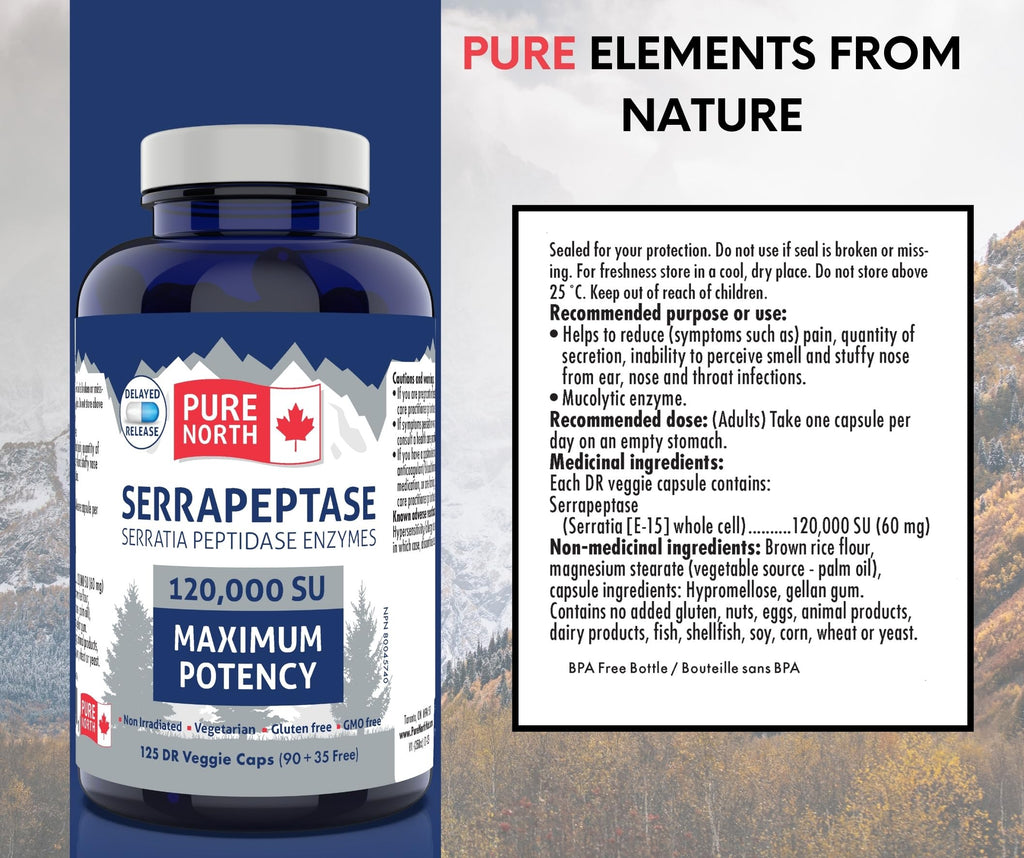Pure North Naturals - Serrapeptase Serratia Peptidase Enzymes 120000 SU Maximum Potency (90+35 Capsules) 125-Day Supply - Supports Respiratory Health - 3rd Party Tested - Formulated & Made in Canada