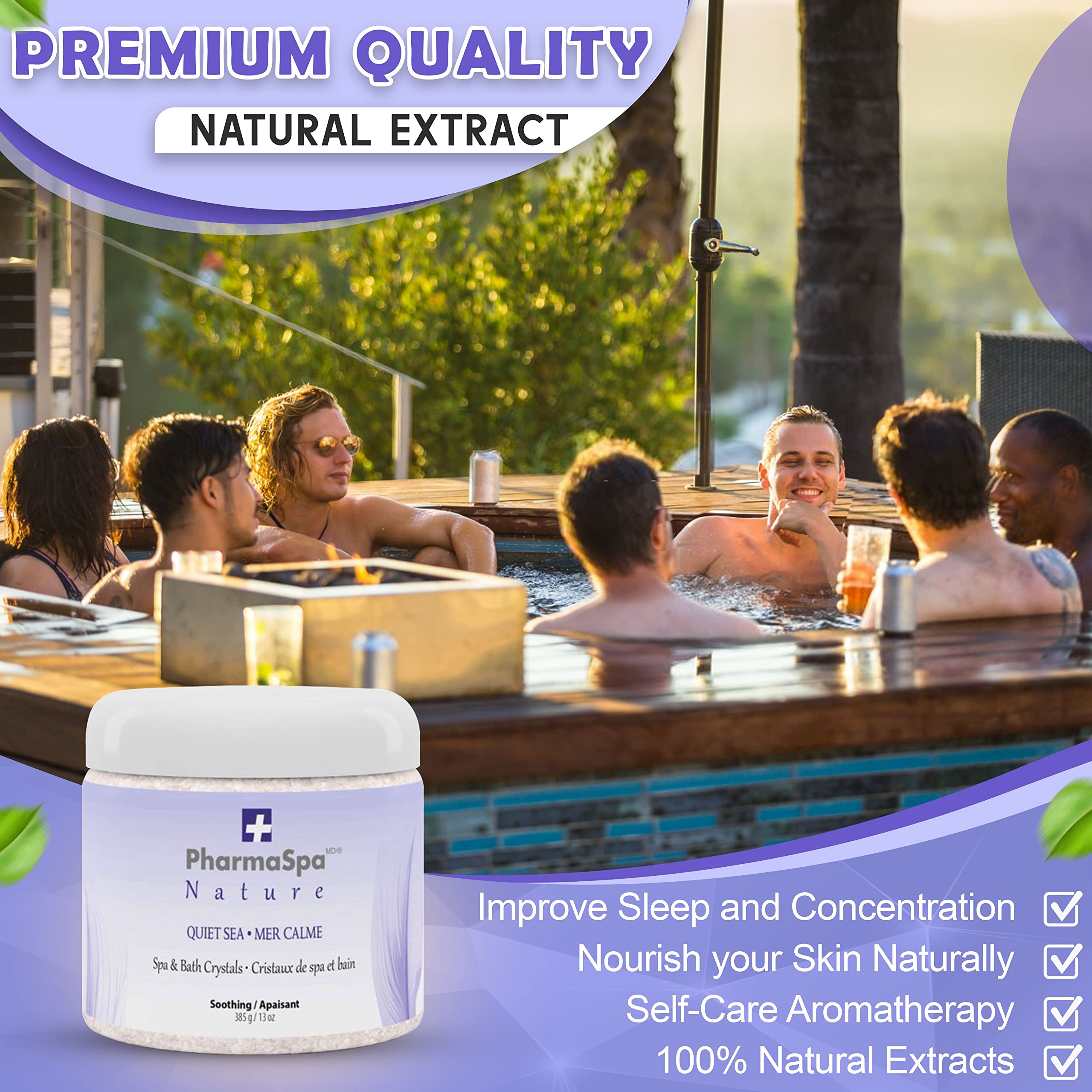 PharmaSpa Nature : Cristaux pour spa et bain aux extraits 100 % naturels – 385 g/13 oz – Sel de bain d'Epsom pour l'aromathérapie et la relaxation en spa – Sans gluten, sans parabènes, sans cruauté animale