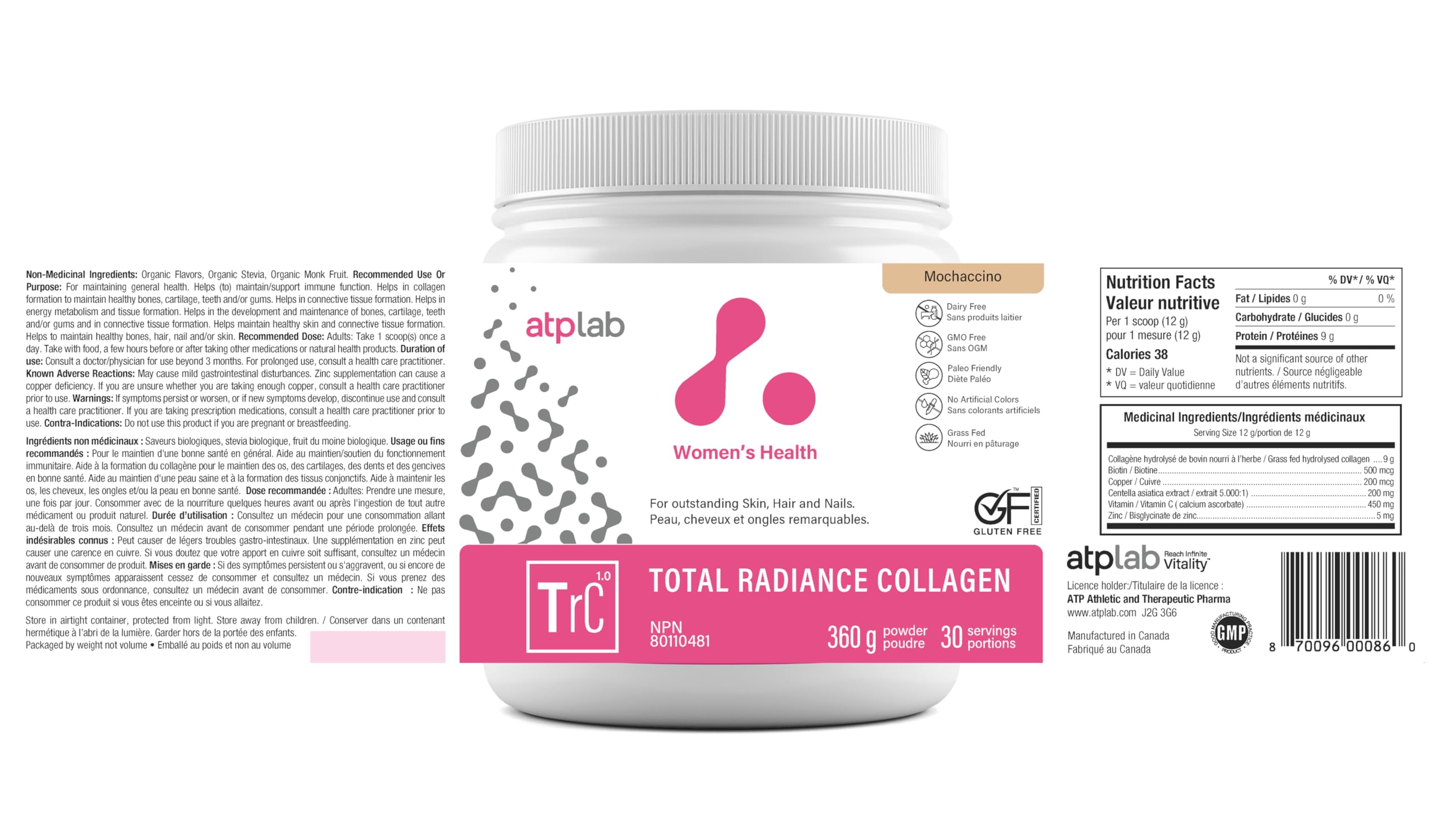 ATP LAB - Total Radiance Collagène 360g - Poudre de protéines de collagène pour femmes - Pour la peau, les cheveux et les ongles - Suppléments de collagène pour femmes