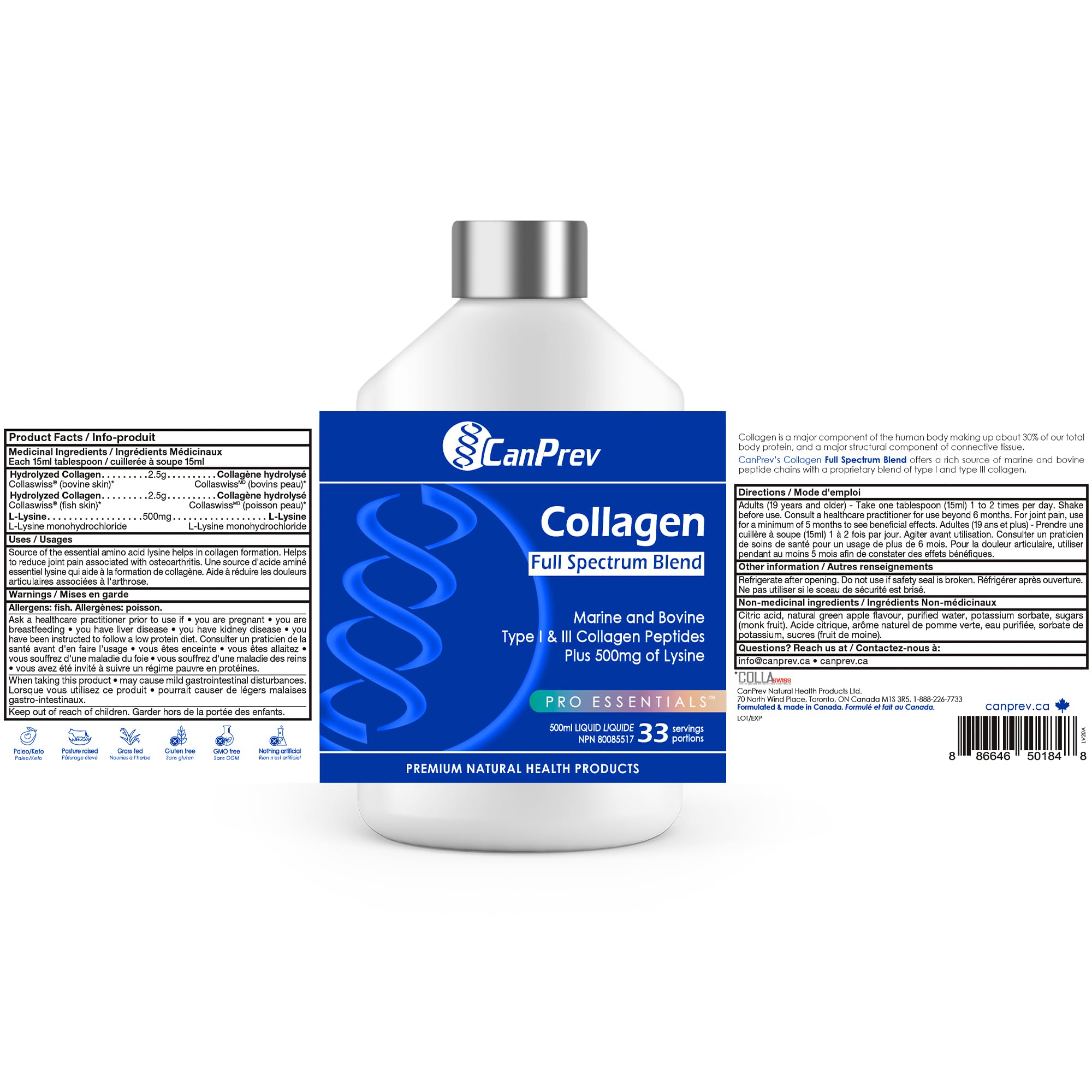 CanPrev Collagen Spectre Complet, 500 ml liquide 33 portions - Peptides de collagène marin et bovin - Aide à construire une peau saine, des os, des muscles, du cartilage et des articulations solides - Sans OGM et sans gluten