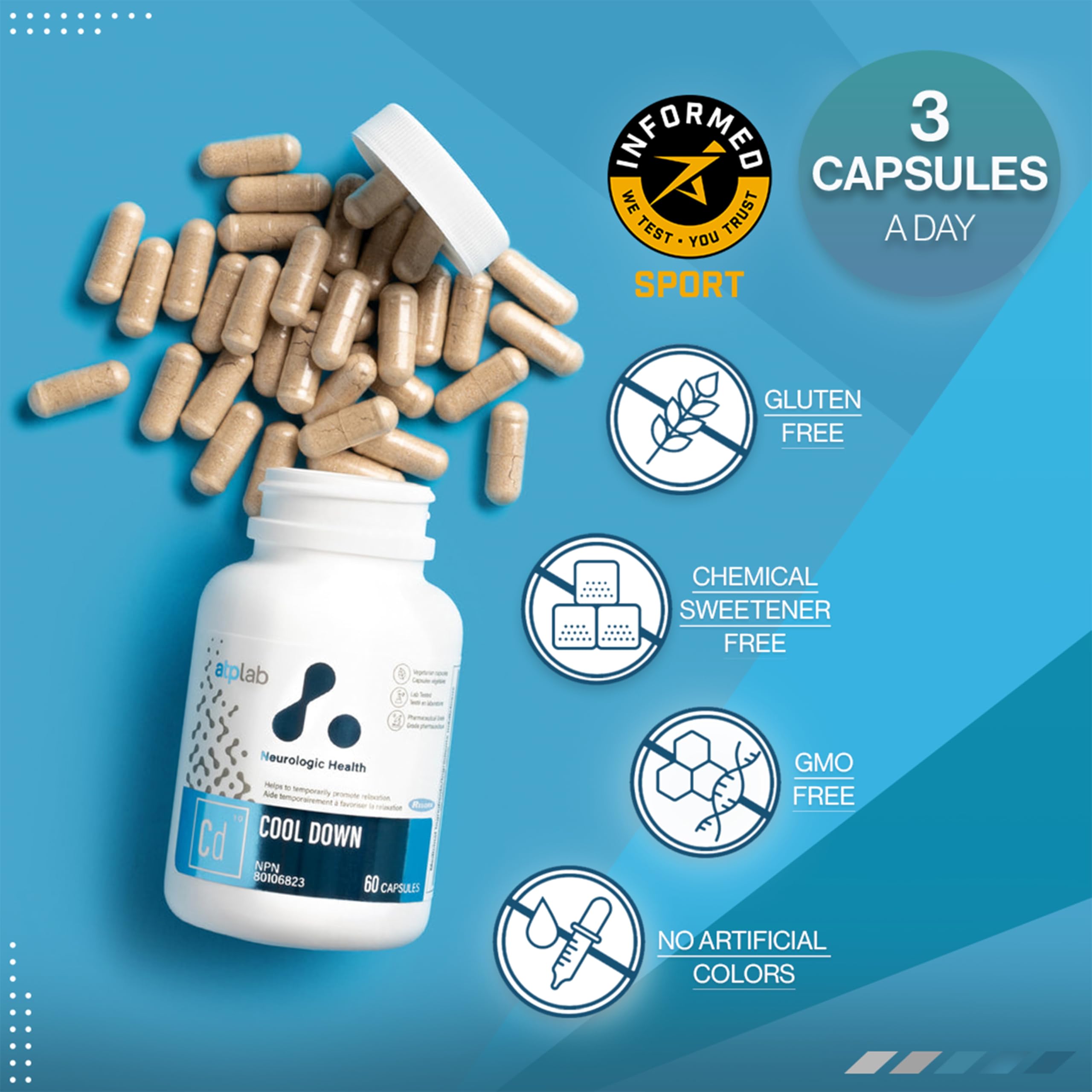 ATP LAB - Cool Down 60 capsules - Traitement de 30 jours - Soulagement de la dépression, santé du cortisol, soulagement de l'insomnie, guérison du système nerveux, favorise la relaxation et le sommeil - Formulé et fabriqué au Canada