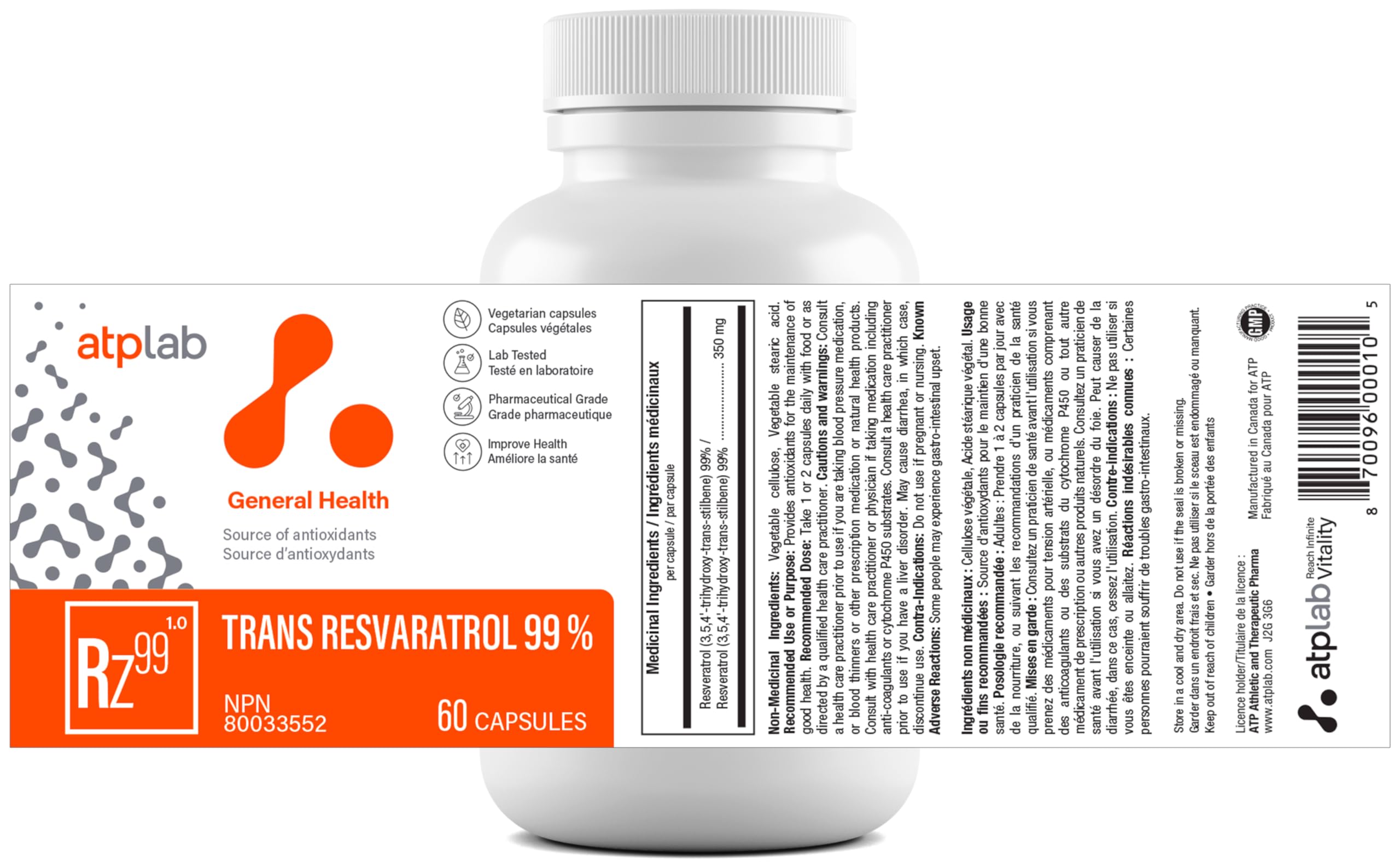ATP LAB - Trans Resveratrol 99% 60 Capsules 60-Day Supply - Antioxidants Supplement - Immune System Support - Trans Resveratrol Supplement - Glowing Skin & Immune Support