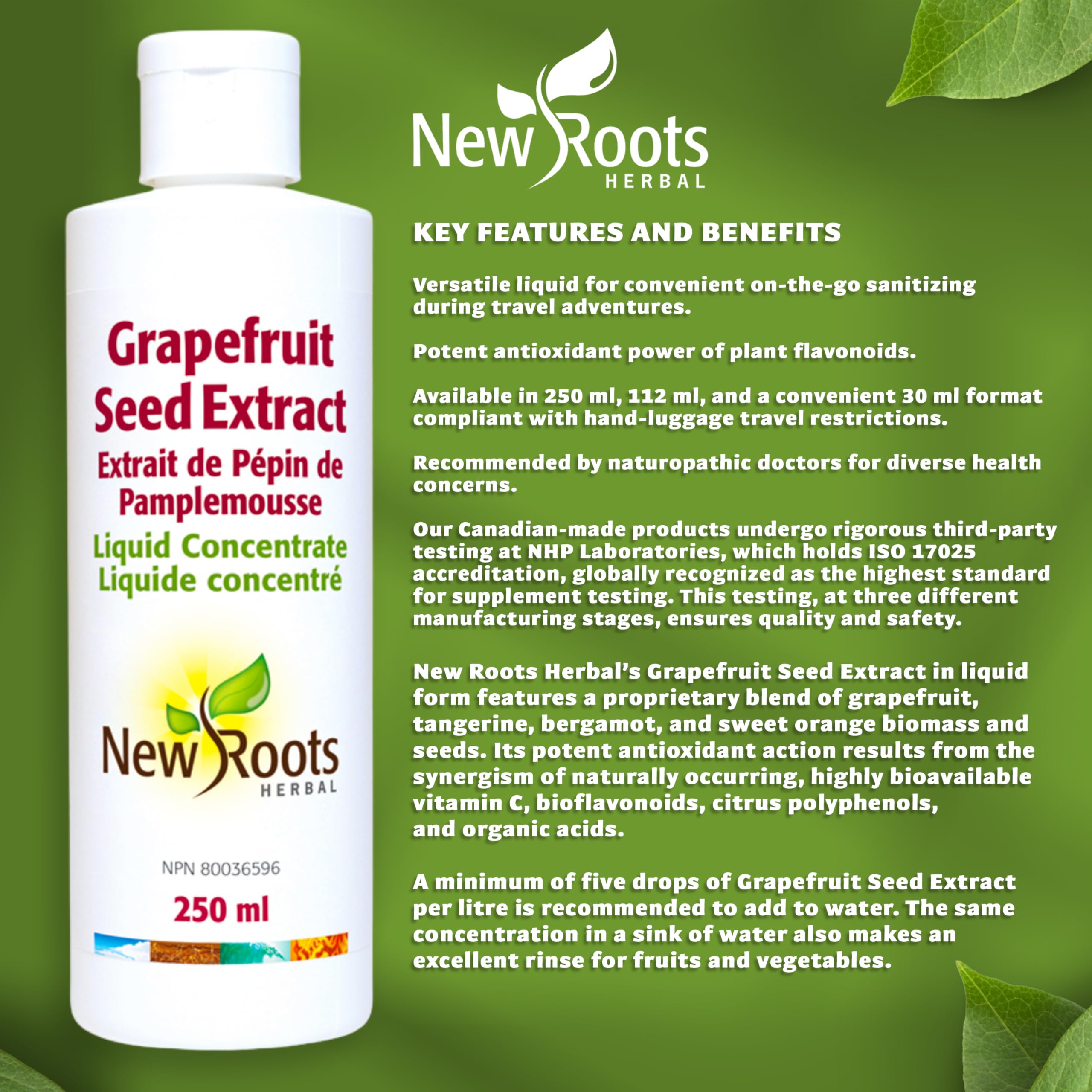 New Roots Herbal - Extrait de pépins de pamplemousse (EPP) - Concentré liquide format voyage, source de vitamine C pour le bien-être quotidien, sans gluten ni soja - Favorise le confort digestif et la vitalité de la peau
