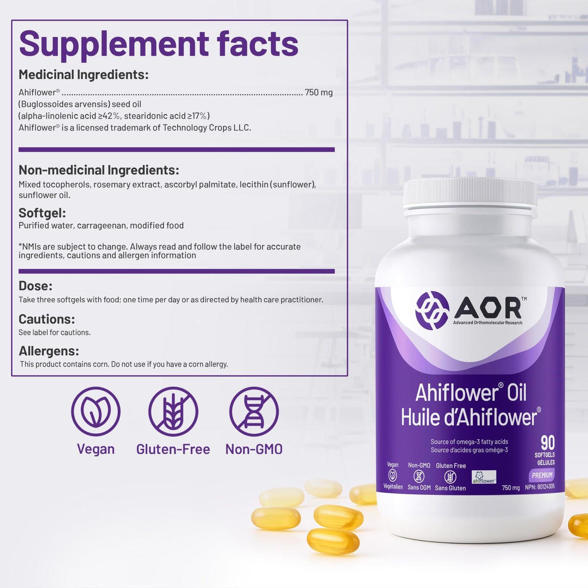 AOR - Ahiflower Oil, 90 Softgels 30-Day Supply - Source of Omega-3 Fatty Acids - Vegan, Non-GMO and Gluten-Free - Complete Balanced Essential Omegas from One Extraordinary Plant