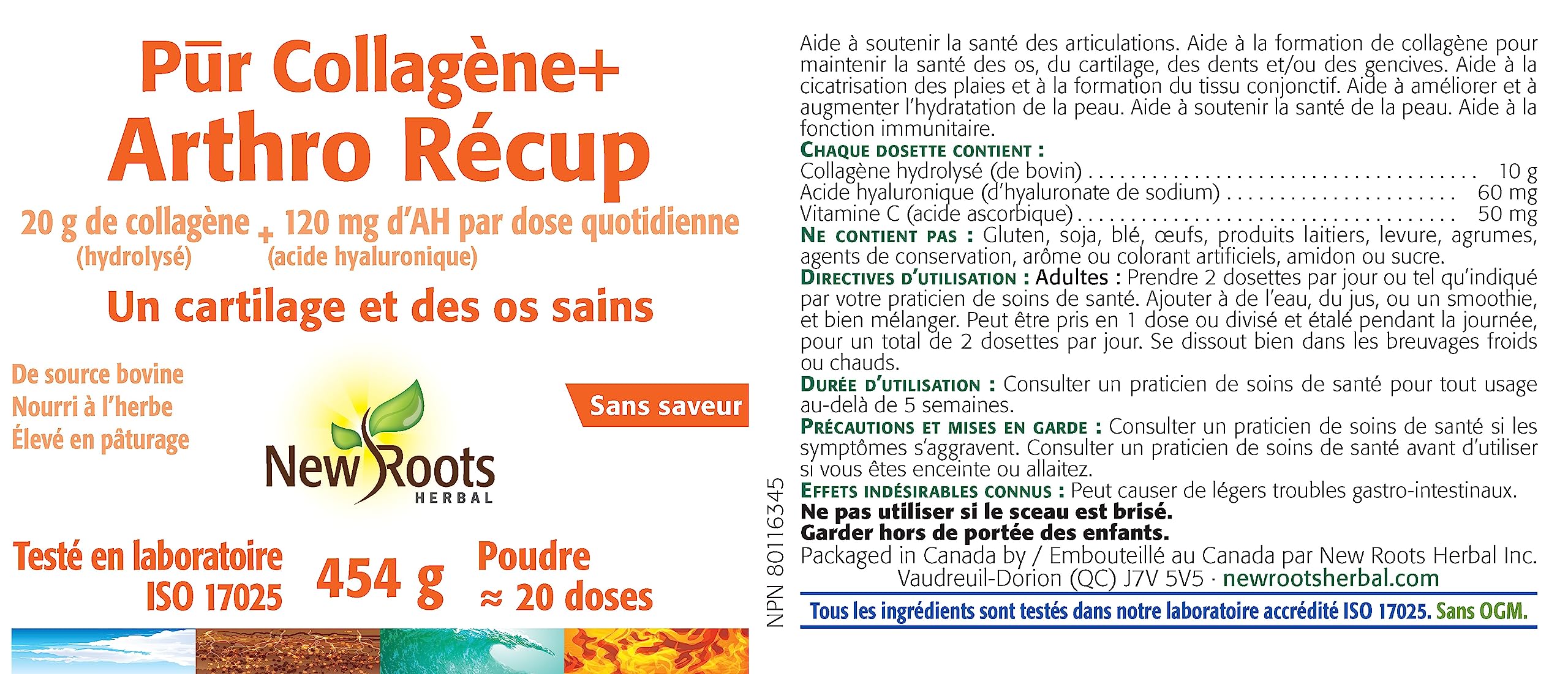 New Roots Herbal - Pur Collagène + Récupération Articulaire, 454g Poudre - Aide à maintenir la santé des cartilages, des os, des dents, des gencives et des articulations - Contribue au fonctionnement immunitaire et améliore l'hydratation de la peau