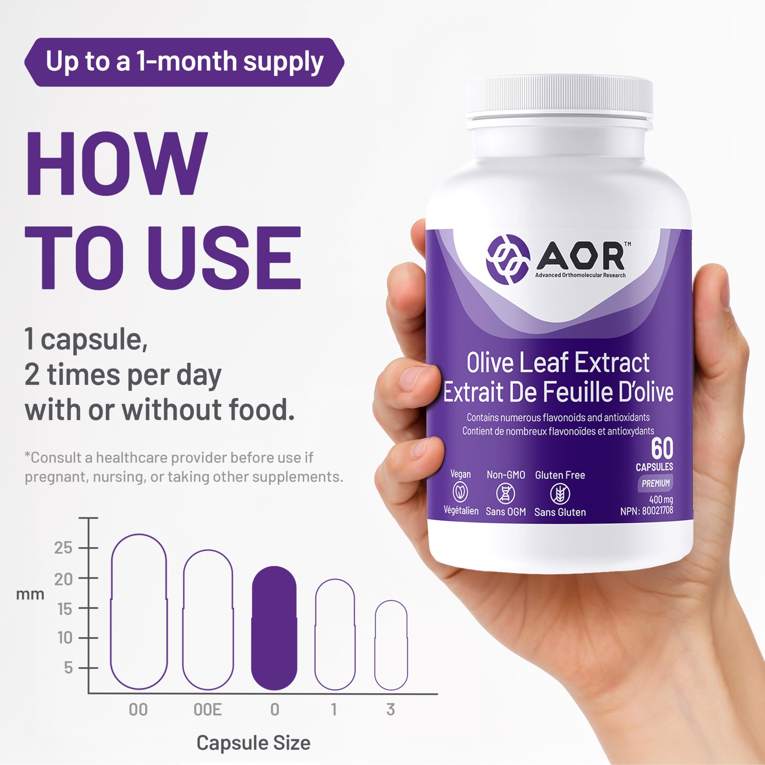 AOR Oleuropein Olive Leaf Extract 400mg, 60 Capsules 30-Day Supply - Supports Cellular Well-Being, Heart Vitality and Immune Function - Rich in Antioxidant Benefits - Vegan, Non-GMO and Gluten-Free