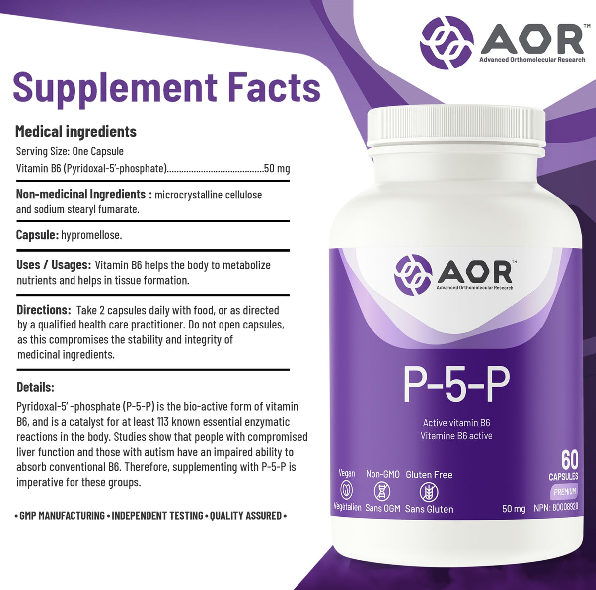 AOR P5P Vitamin B6 Capsules for Adults, 50 mg, 60 Capsules, 30-Day Supply