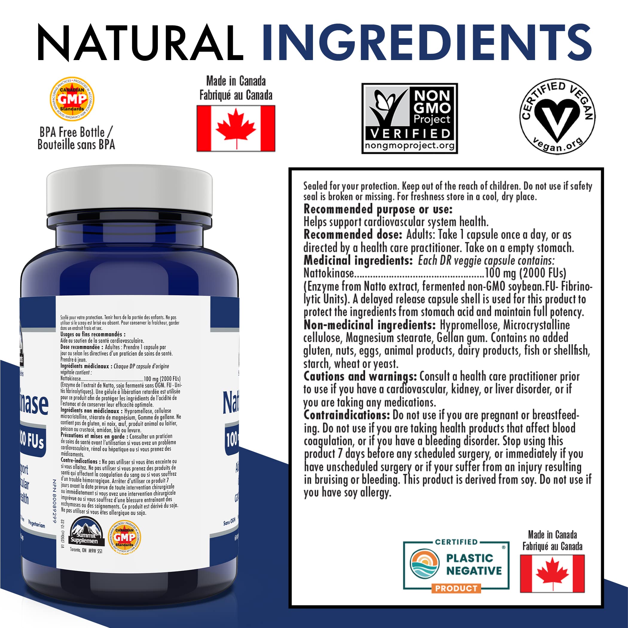 Nattokinase 100mg 2000 FU, 60 DR Vegetarian Capsules, 60-Day Supply - Supports Cardiovascular & Heart Health, Non-GMO, Gluten-Free - Promotes Circulation & Vitality, Proudly Canadian, Plastic Negative