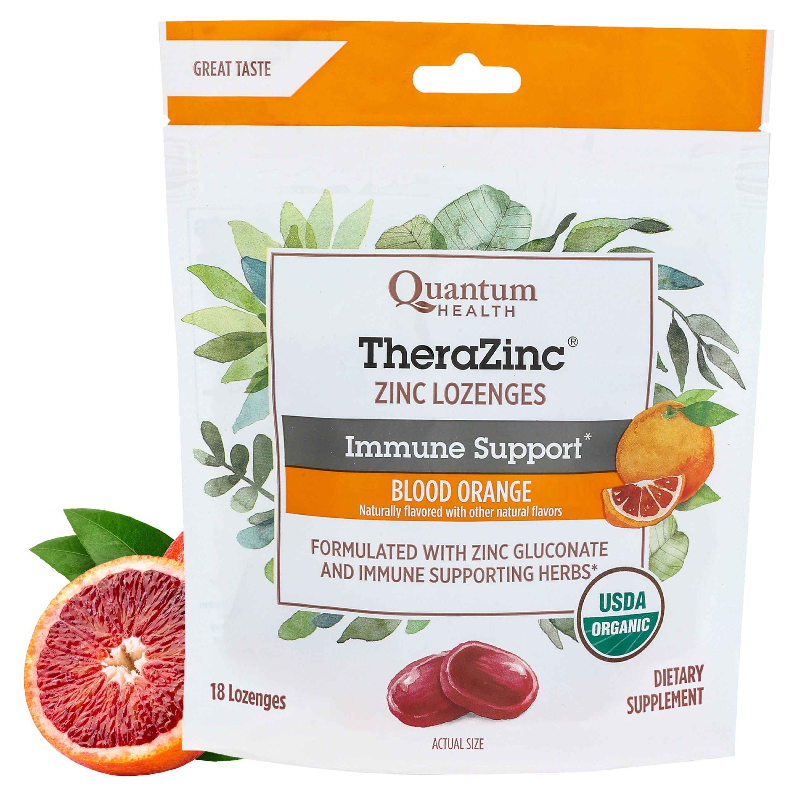 Quantum Health Therazinc Blood Orange Lozenges, Immune Support In Tasty USDA Organic Drops for Cough Relief, Bagged, 18 Ct