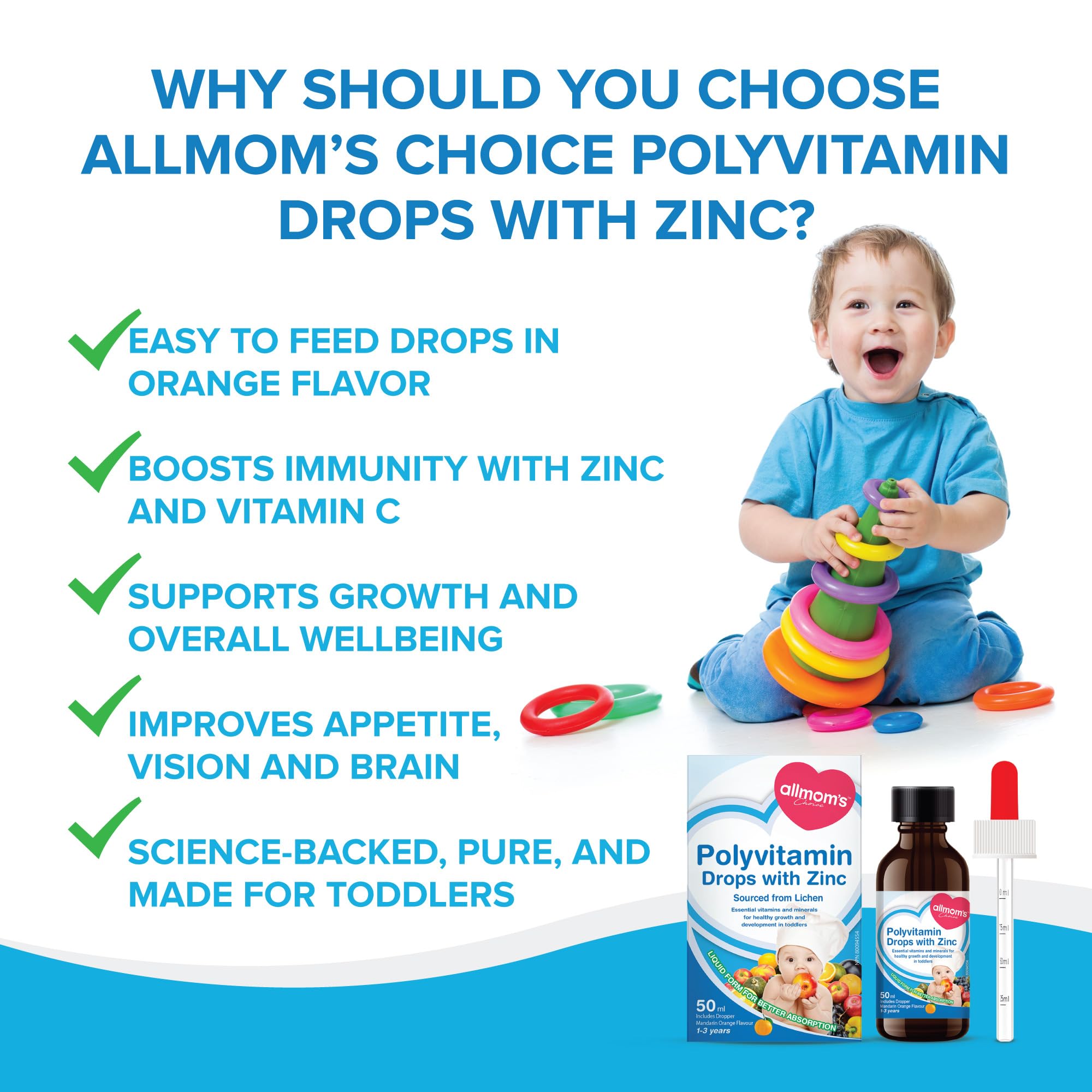 Gouttes multivitaminées Allmom's Choice avec Zinc, 1-3 ans, 9 vitamines essentielles (vitamines A, complexe B, C, D3) et zinc, qui manquent souvent dans l'alimentation des enfants. Excellent goût sous forme liquide facile à prendre, pour 50 jours.