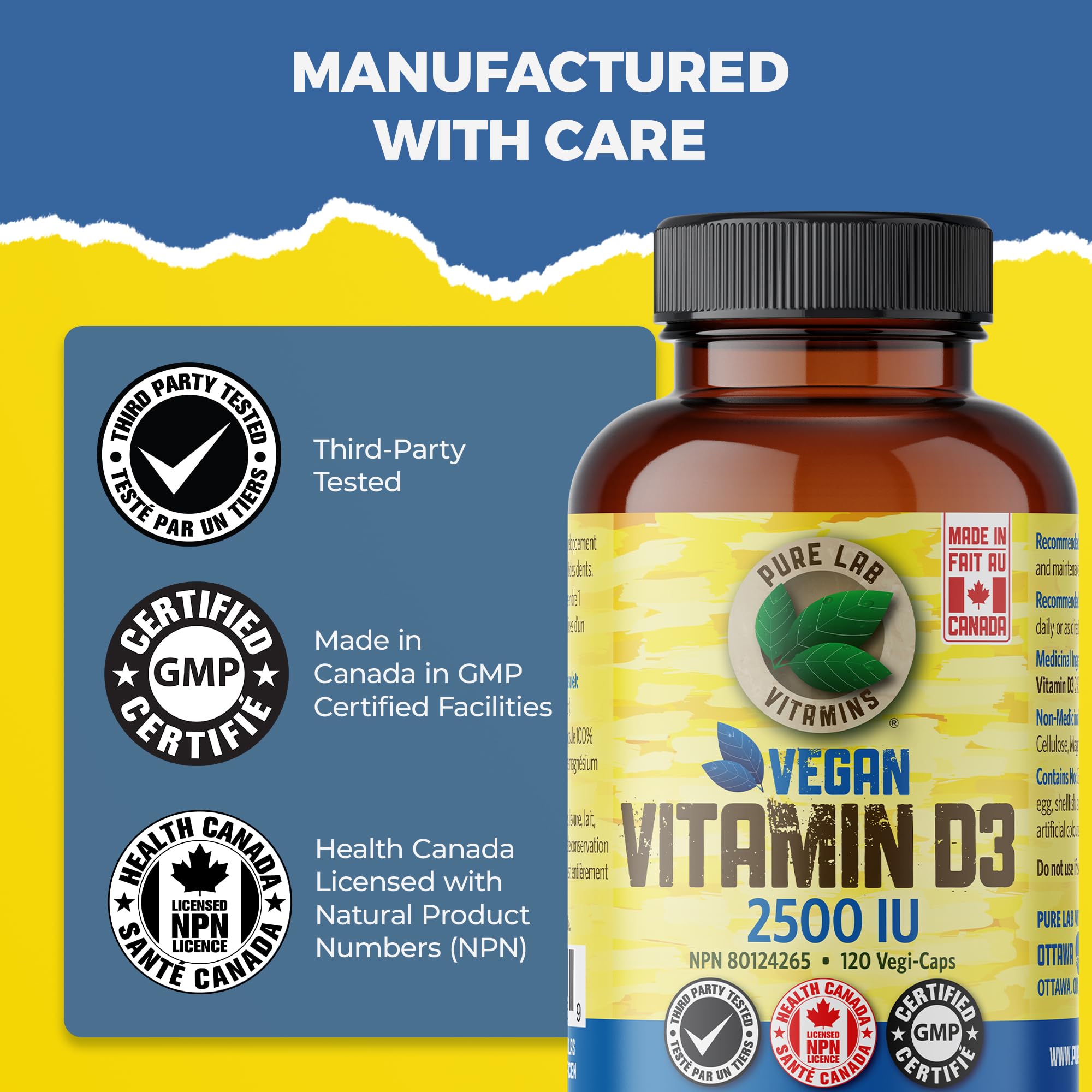 Pure Lab Vitamins Vitamine D3 végétalienne 2500 UI - 120 gélules végétales
