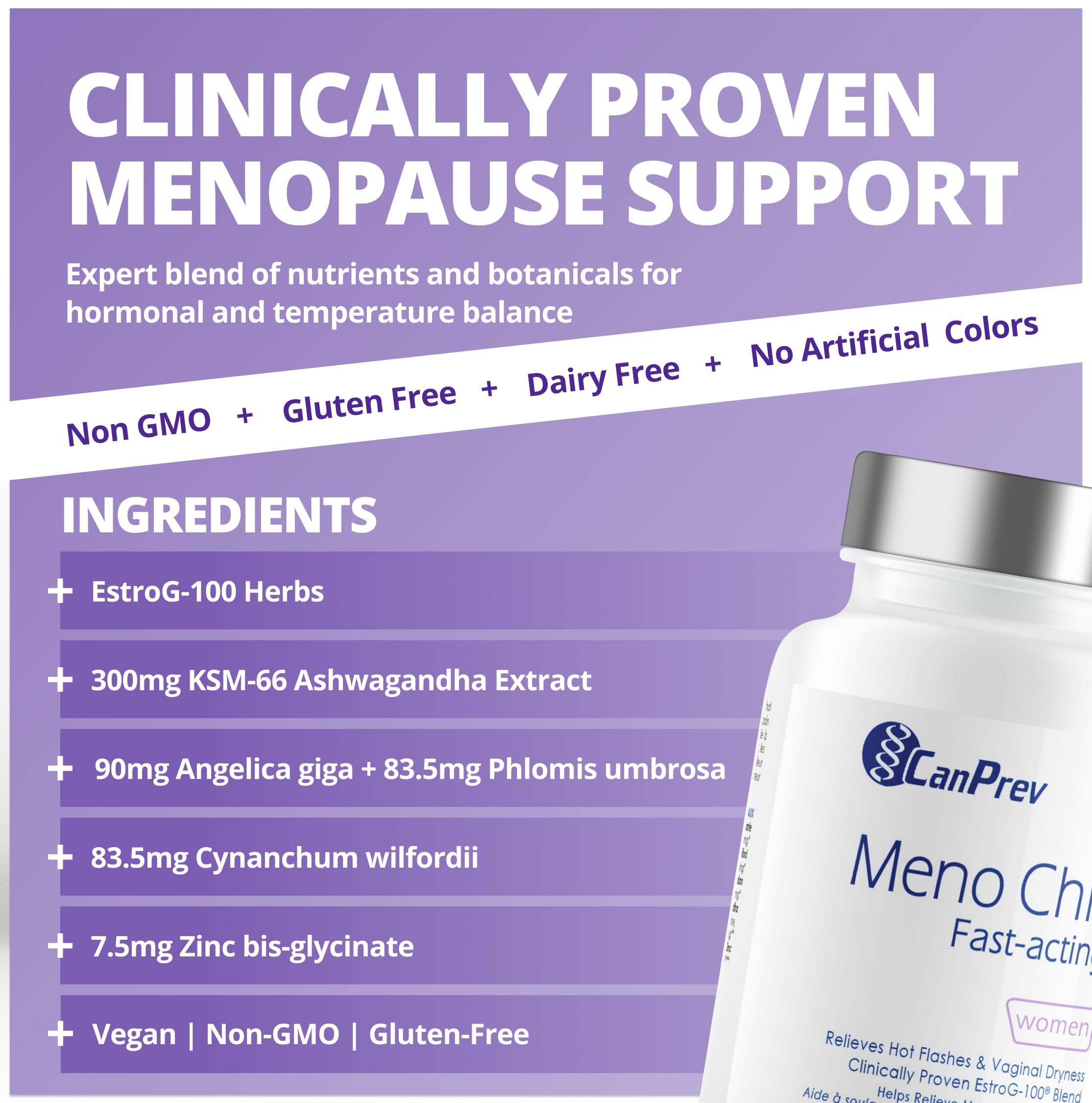 CanPrev Meno Chill Fast-Acting Menopause Supplement for Women, 60 V-Caps 30-Day Supply - Support for Hot Flashes & Hormone Balance, EstroG-100, KSM-66 Ashwagandha for Daily Vitality and Skin Support