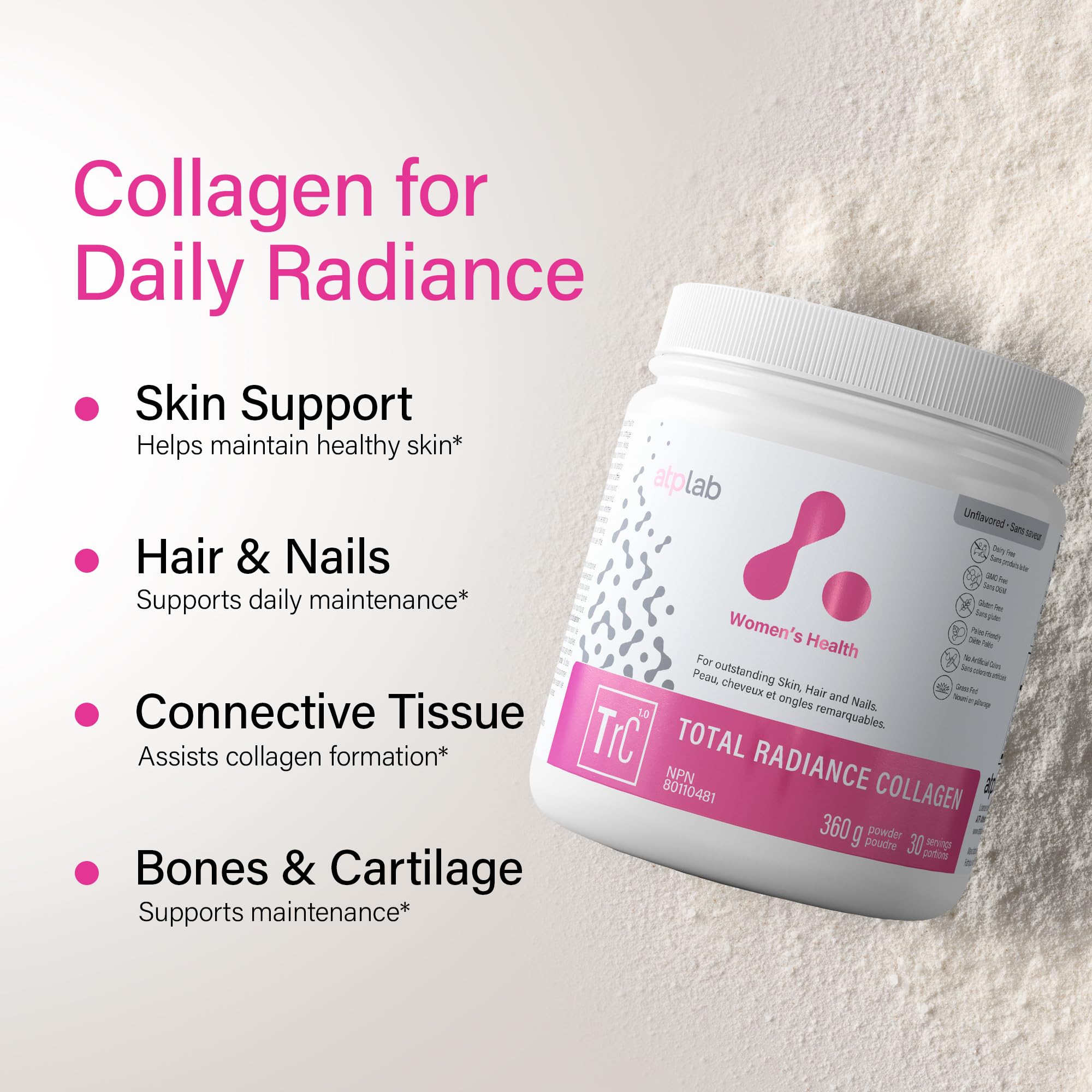 ATP LAB - Total Radiance Collagène 360g - Poudre de protéines de collagène pour femmes - Pour la peau, les cheveux et les ongles - Suppléments de collagène pour femmes