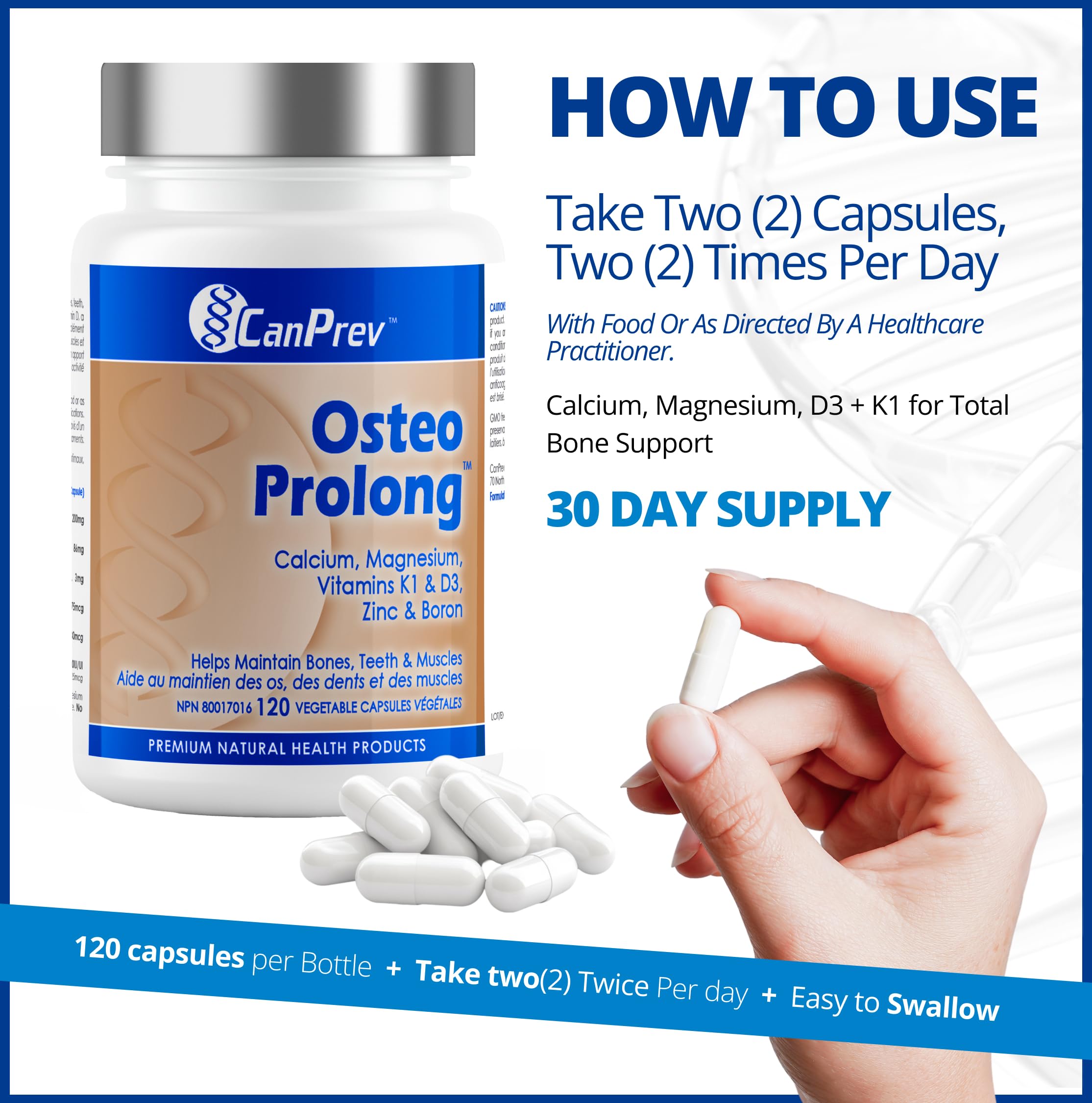 CanPrev Ostéo Prolong, 120 V-Caps, pour 30 jours, Contient du Calcium, du Bisglycinate de Magnésium, du Zinc, des Suppléments de Bore et des Vitamines D3 et K1, Contribue au maintien d'os et de dents sains chez l'homme et la femme