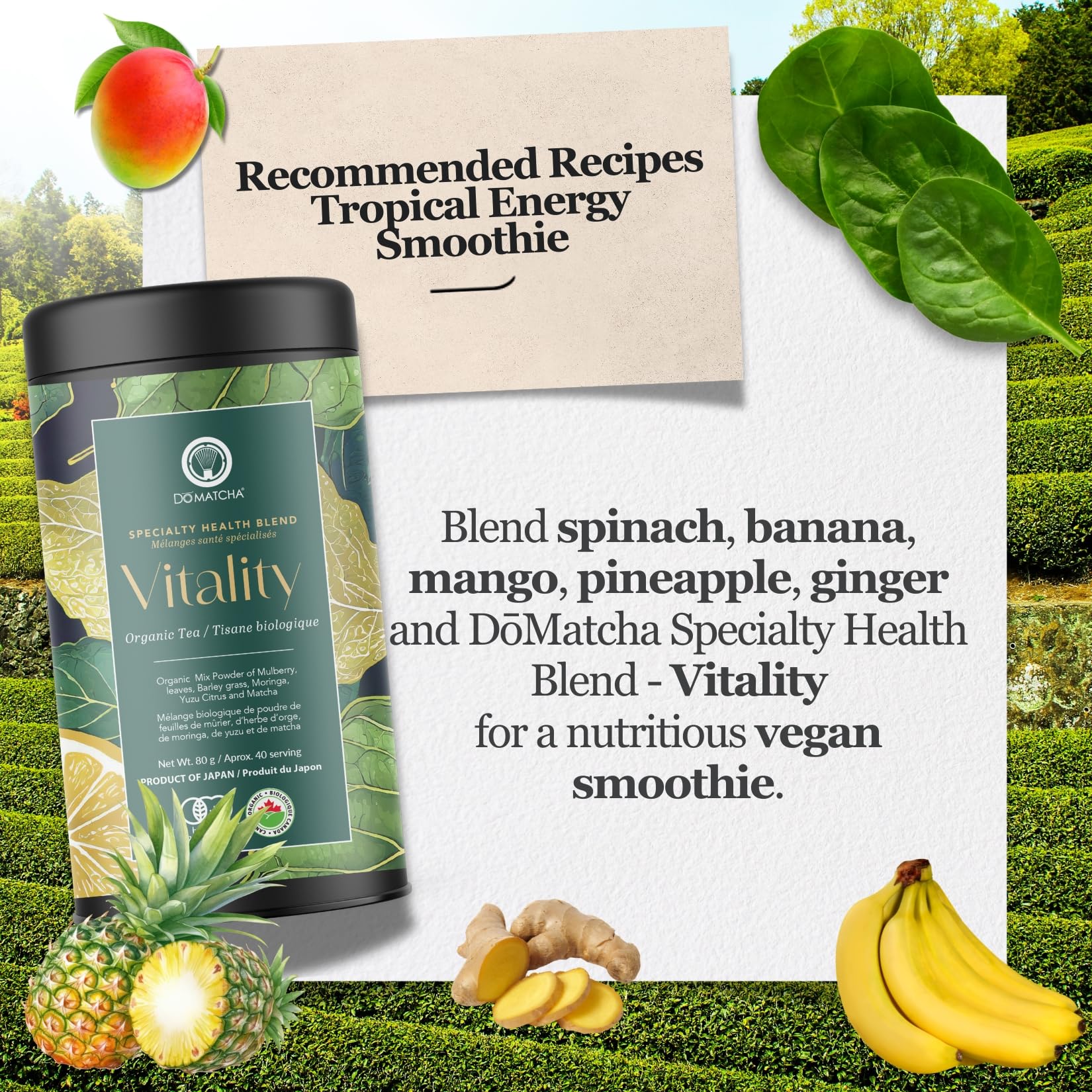 DoMatcha Vitality Blend - Health Superfood, 80g 40-Servings - Moringa, Mulberry Leaves, Barley Grass, Yuzu, and Organic Matcha Green Tea Powder - Japanese Certified - Product of Japan