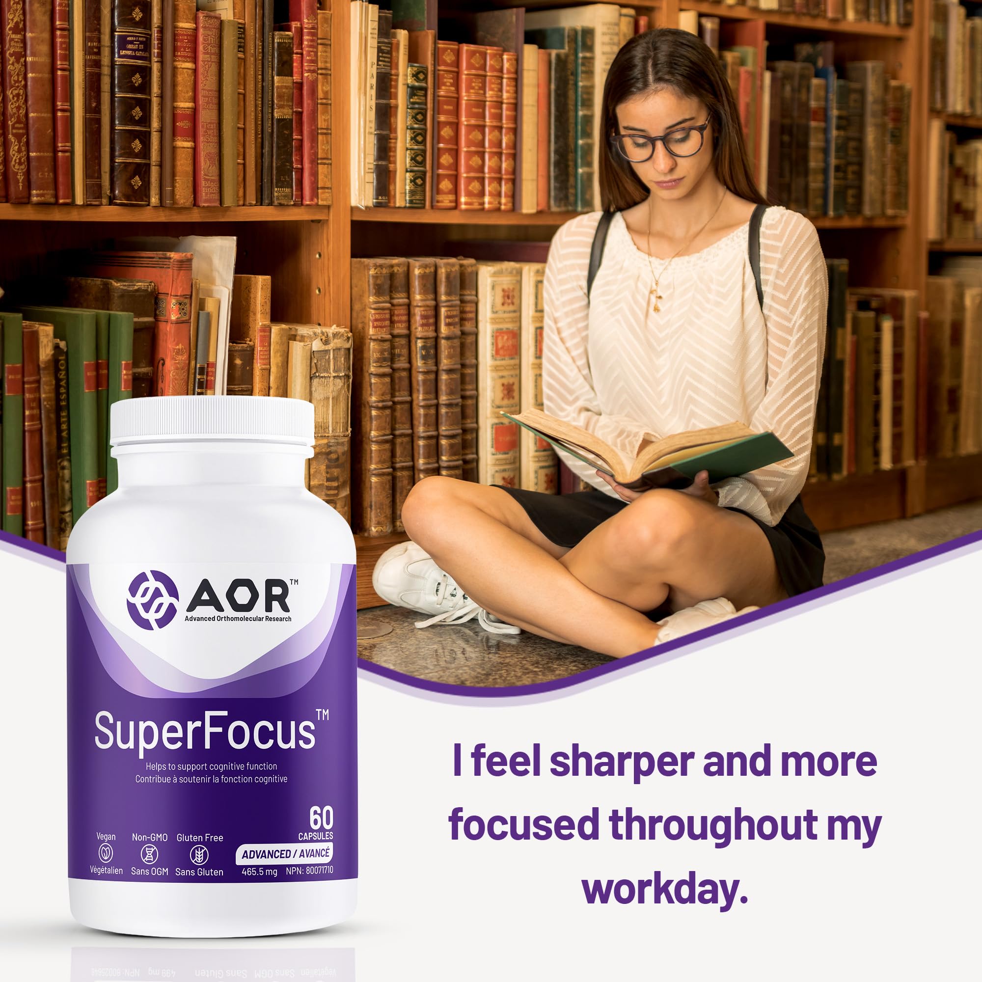 AOR SuperFocus, complément de soutien cérébral, 60 capsules, 30 jours – Végétalien, sans OGM et sans gluten – Améliore les performances cognitives et la mémoire, contient du ginseng, du Rhodiola Rosea, du Bacopa, de la méthyl B12, de l'inositol
