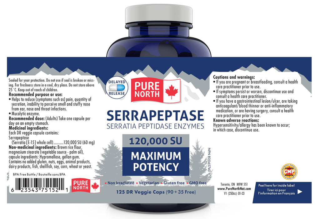 Pure North Naturals - Serrapeptase Serratia Peptidase Enzymes 120000 SU Maximum Potency (90+35 Capsules) 125-Day Supply - Supports Respiratory Health - 3rd Party Tested - Formulated & Made in Canada