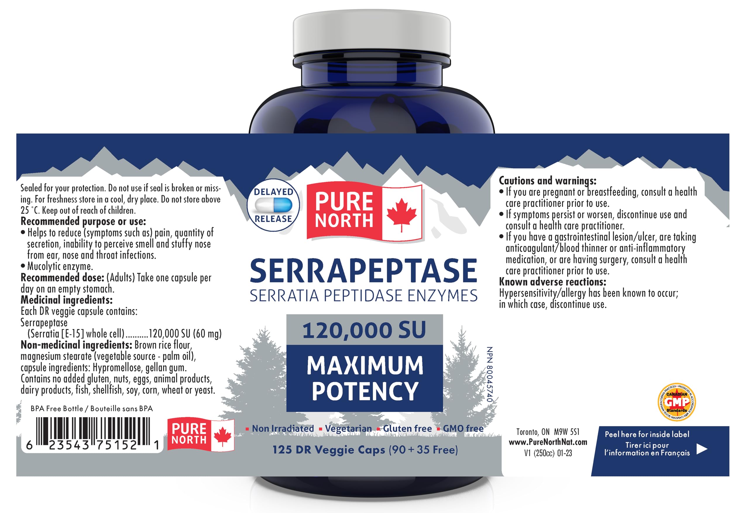 Pure North Naturals - Serrapeptase Serratia Peptidase Enzymes 120000 SU Maximum Potency (90+35 Capsules) 125-Day Supply - Supports Respiratory Health - 3rd Party Tested - Formulated & Made in Canada