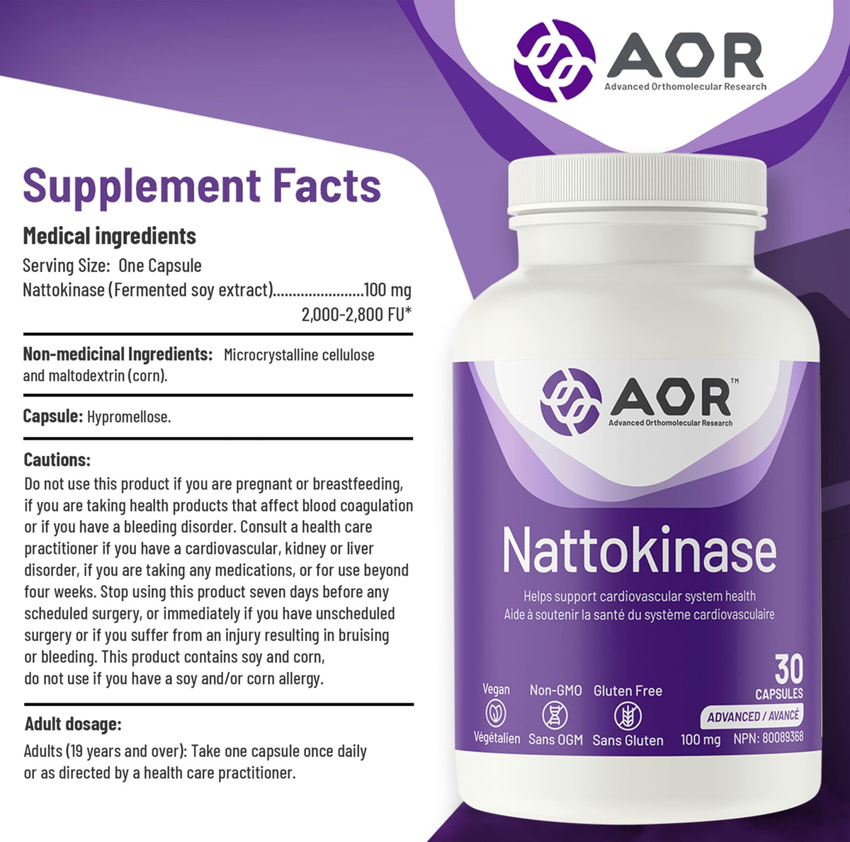 AOR Nattokinase Supplement, 100 mg 2,000-2,800 FU, Gluten Free, 60 Caps