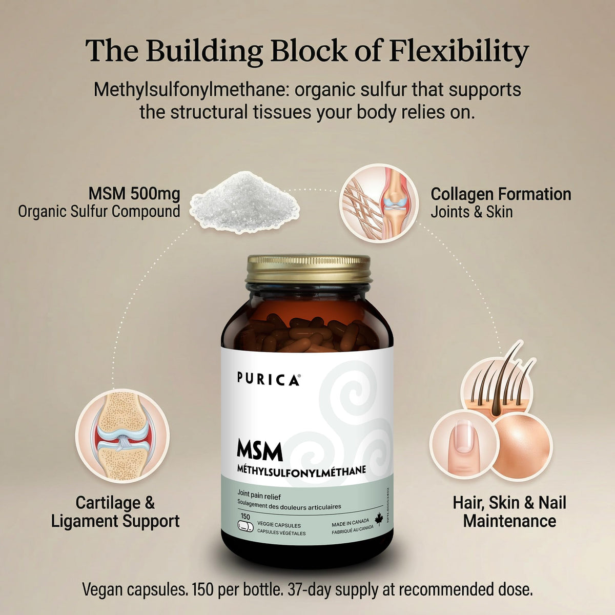 PURICA MSM Supplement, 500 mg, Vegan Capsules, 150 Capsules, Made in Canada