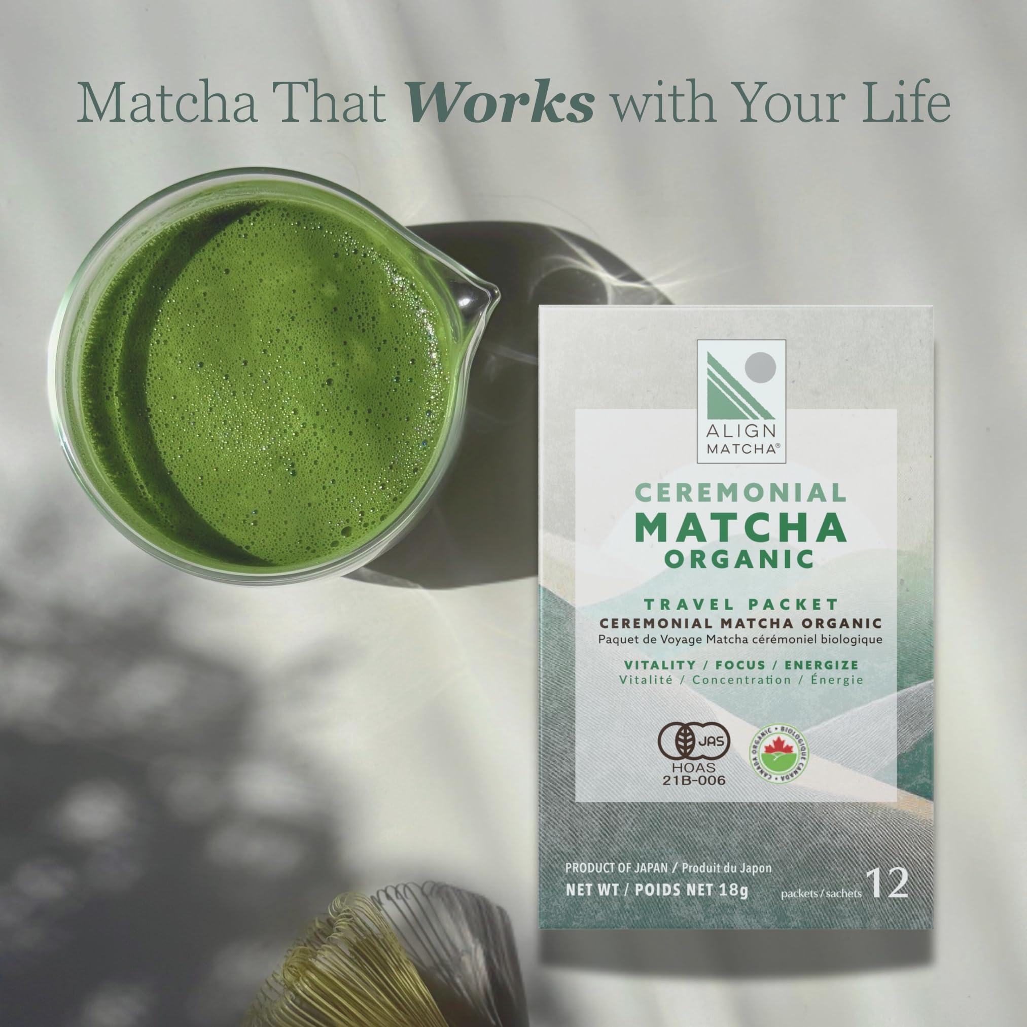 ALIGN MATCHA Sachet de voyage de Matcha Cérémonial Biologique — Ichibancha du Japon, 12 sachets individuels pour fouetter en déplacement