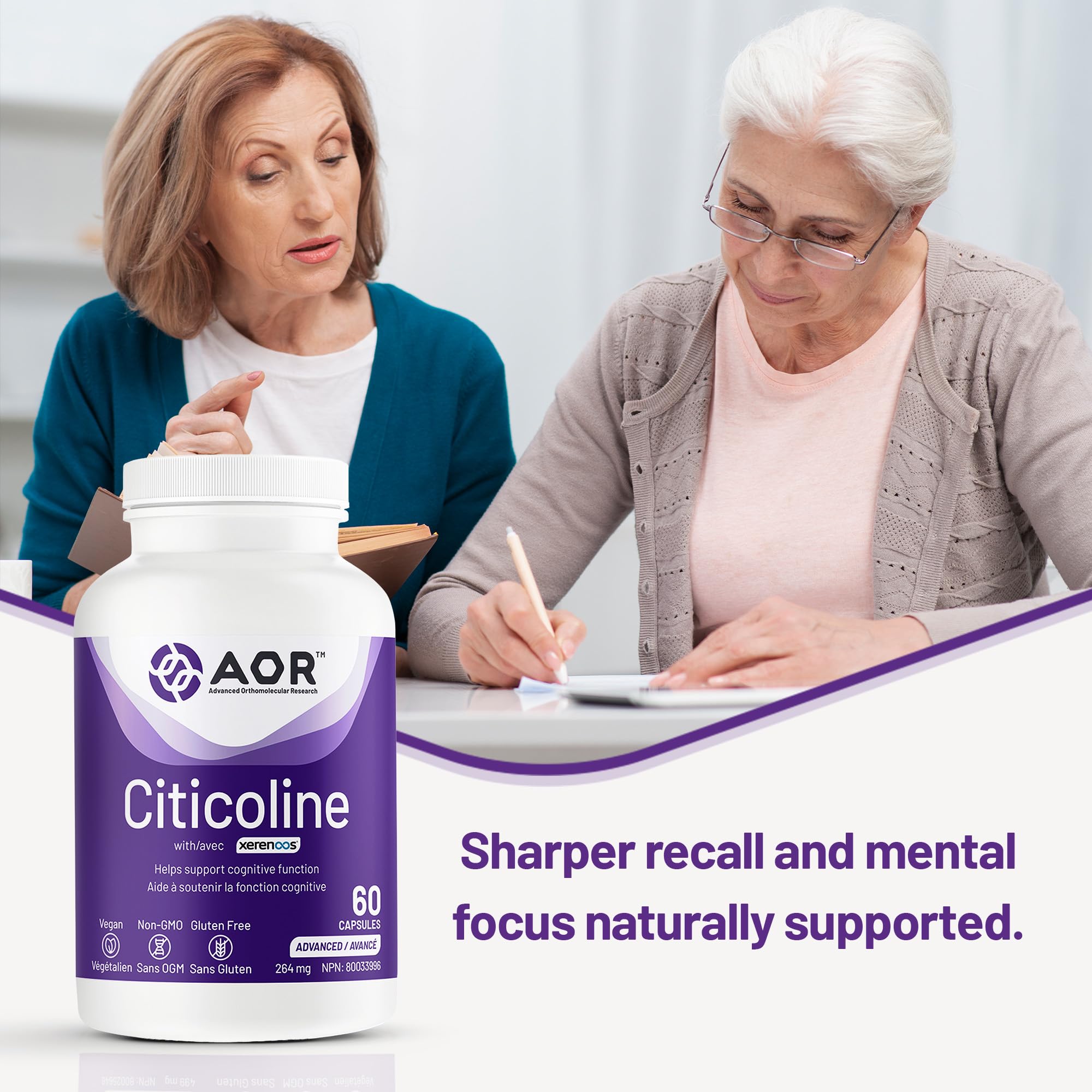 AOR Xerenoos Citicoline, complément avec Bitartrate de choline, 60 capsules, cure de 30 jours – Favorise les fonctions cognitives, la concentration et la mémoire – Soutien des phospholipides pour la santé du cerveau – Sans OGM, végétalien et sans gluten