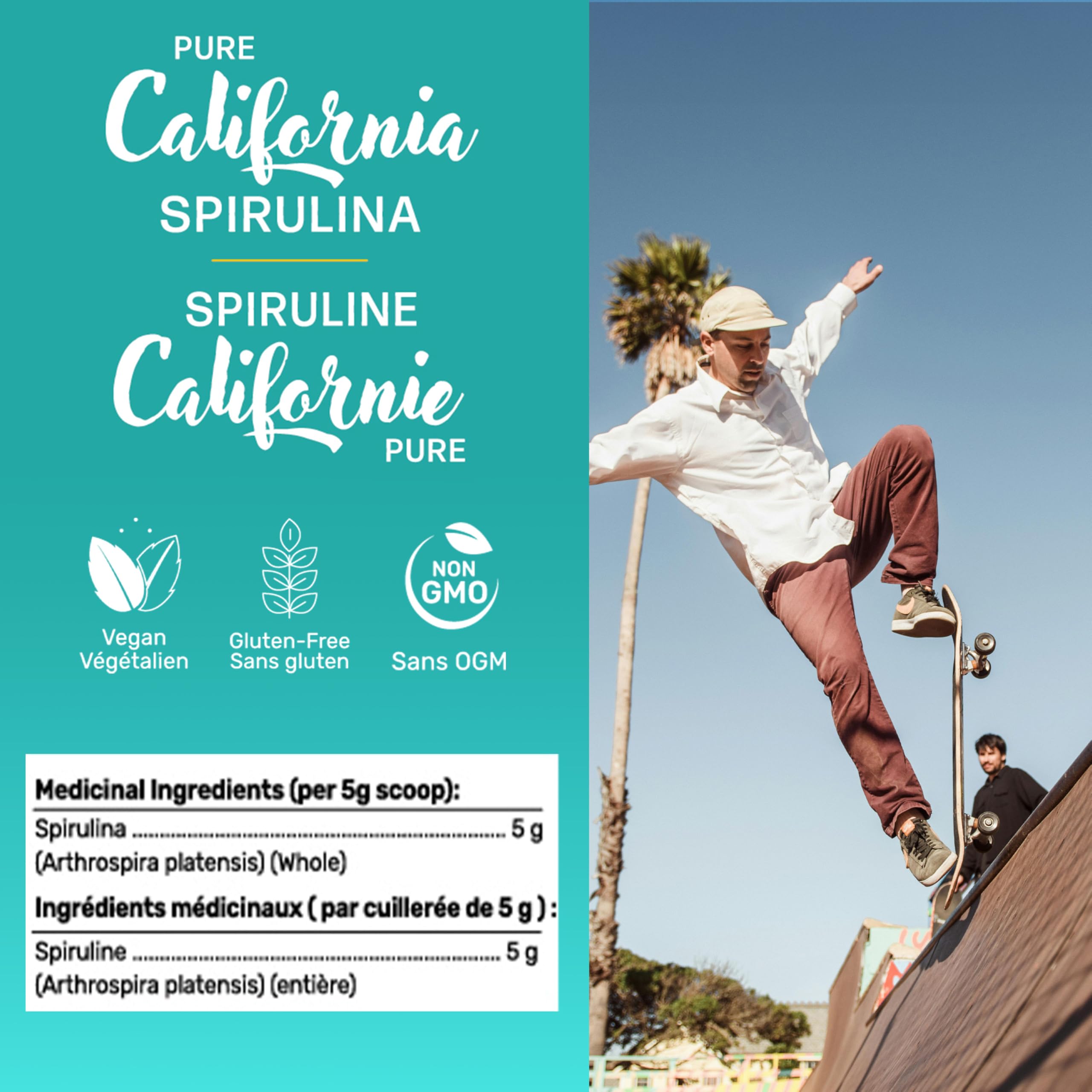Gandalf Poudre de Spiruline Pure de Californie 150g, 30 portions, Algues bleu-vert biologiques, Végane, Sans OGM, Cultivée en Californie, Riche en Acides Aminés Essentiels, Fer et Vitamines, Douce et Facile à utiliser