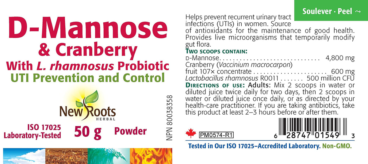 New Roots Herbal D Mannose & Cranberry Supplement Powder, Probiotic, 50 g