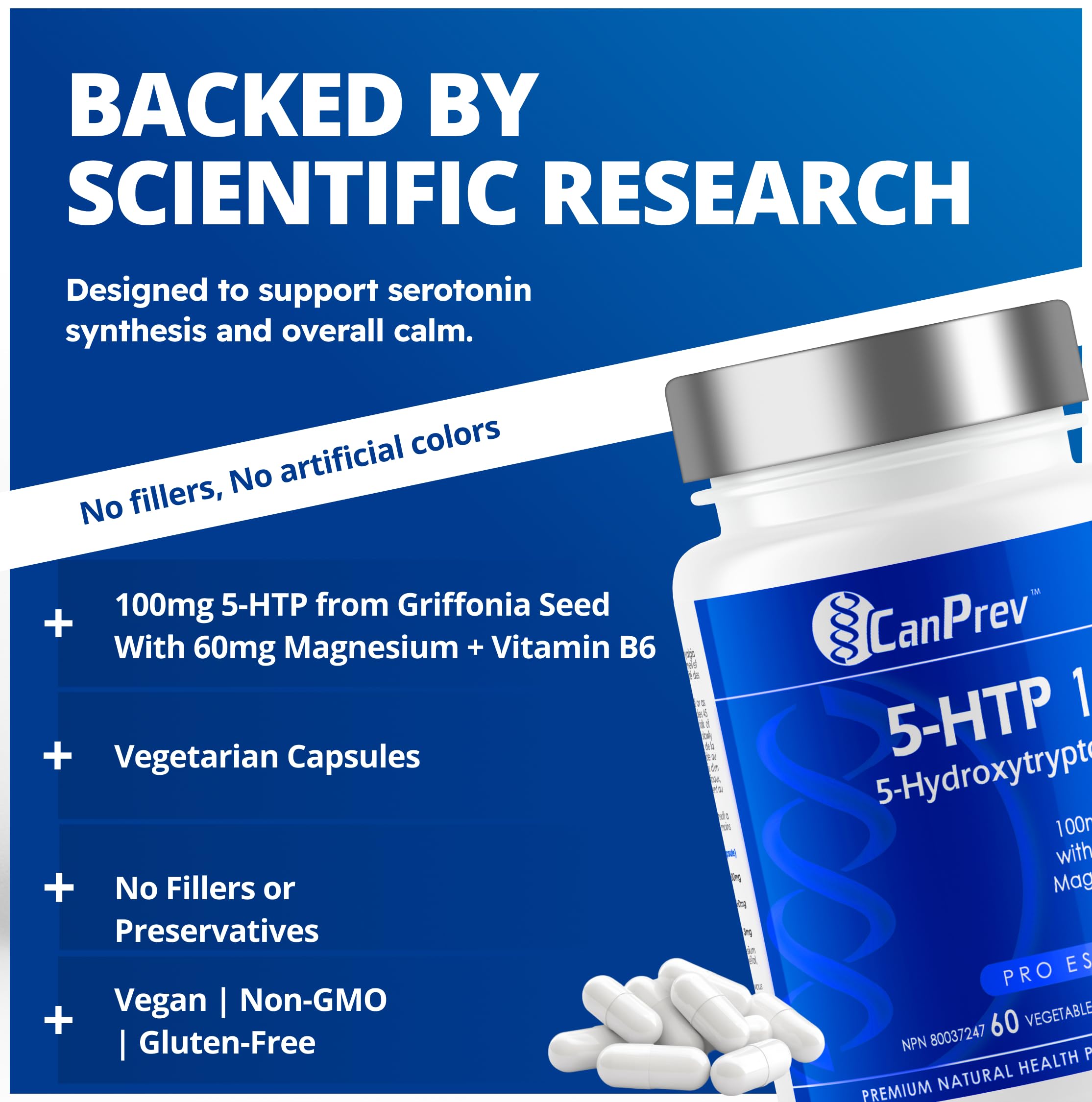 CanPrev 5-HTP 100, 60 V-Capsules - 5-Hydroxytryptophan with Co-Factors Magnesium and B6-5HTP Supplement for Sleep & Cognitive Clarity - Supports Relaxation & Restful Sleep - Vegan Friendly