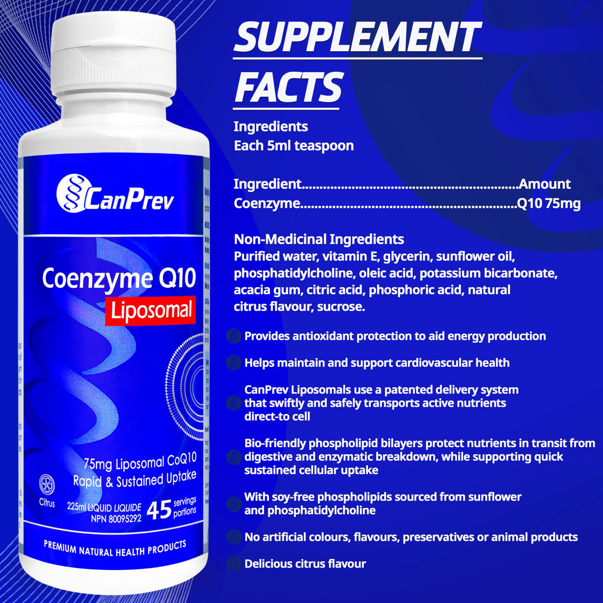 CanPrev Coenzyme Q10 Liquid, Liposomal CoQ10, Citrus, 225 ml, 45 Servings