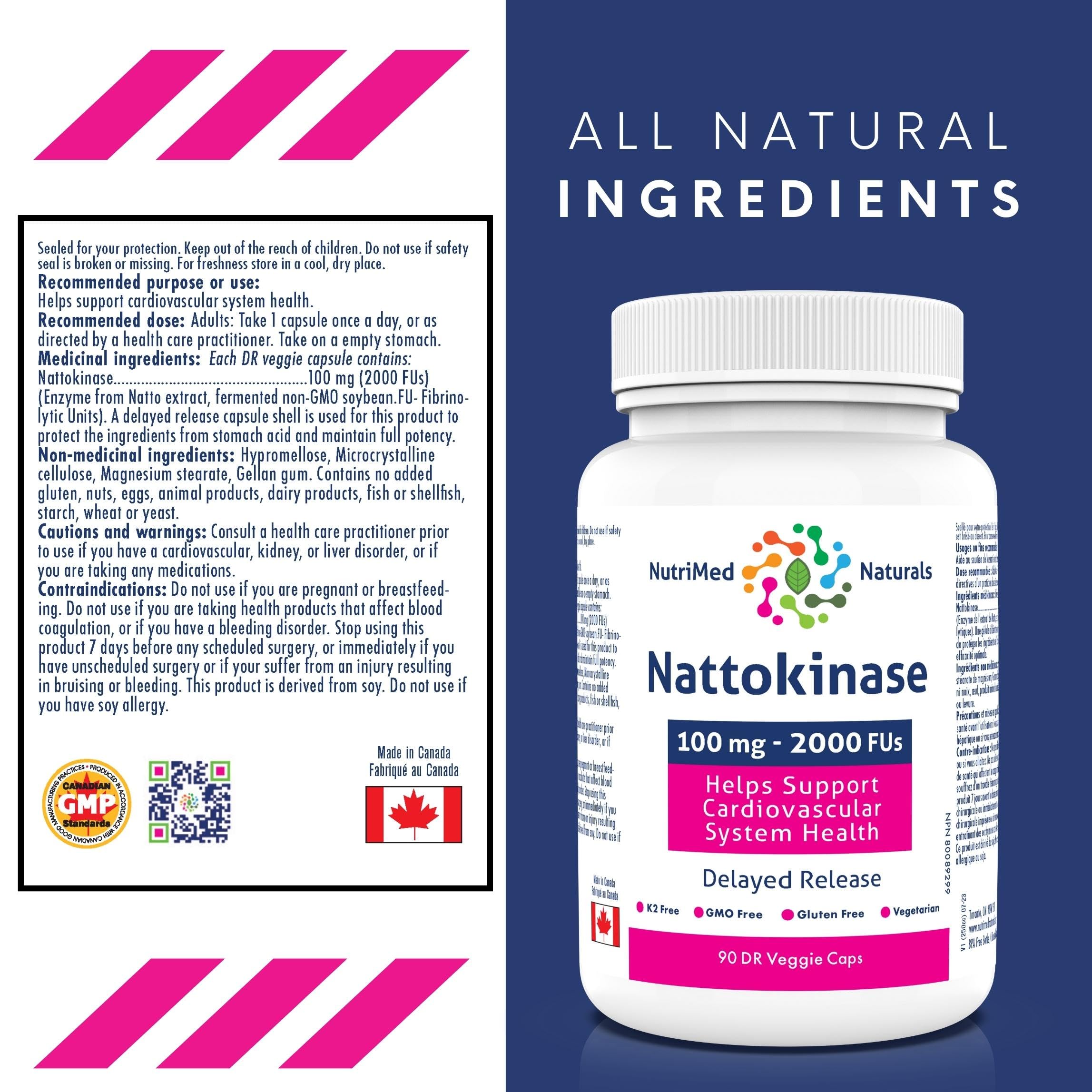 Nutrimed Naturals - Nattokinase Gélules 90 Gélules - Approvisionnement de 90 jours - Nattokinase 100mg 2000 FUs - Aide à soutenir la santé du système cardiovasculaire - Testé par des tiers - Formulé et fabriqué au Canada