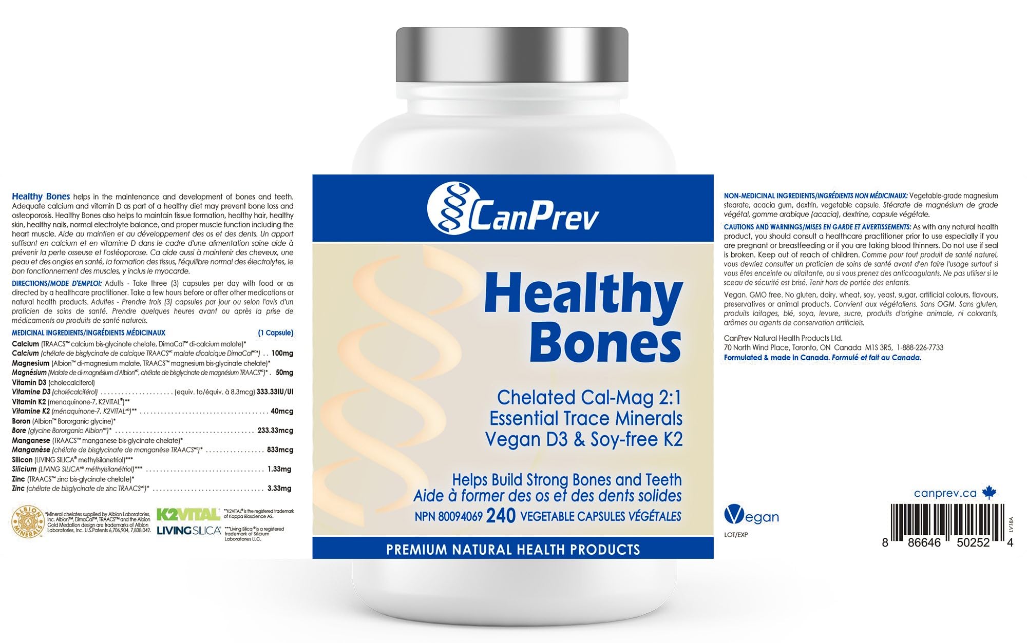 CanPrev Healthy Bones - Cal-Mag Chélaté 2:1, Oligo-éléments Essentiels, Vitamine D3 Végétalienne & K2 Sans Soja | Aide à Construire des Os et des Dents Solides | Produits de Santé Naturels de Première Qualité