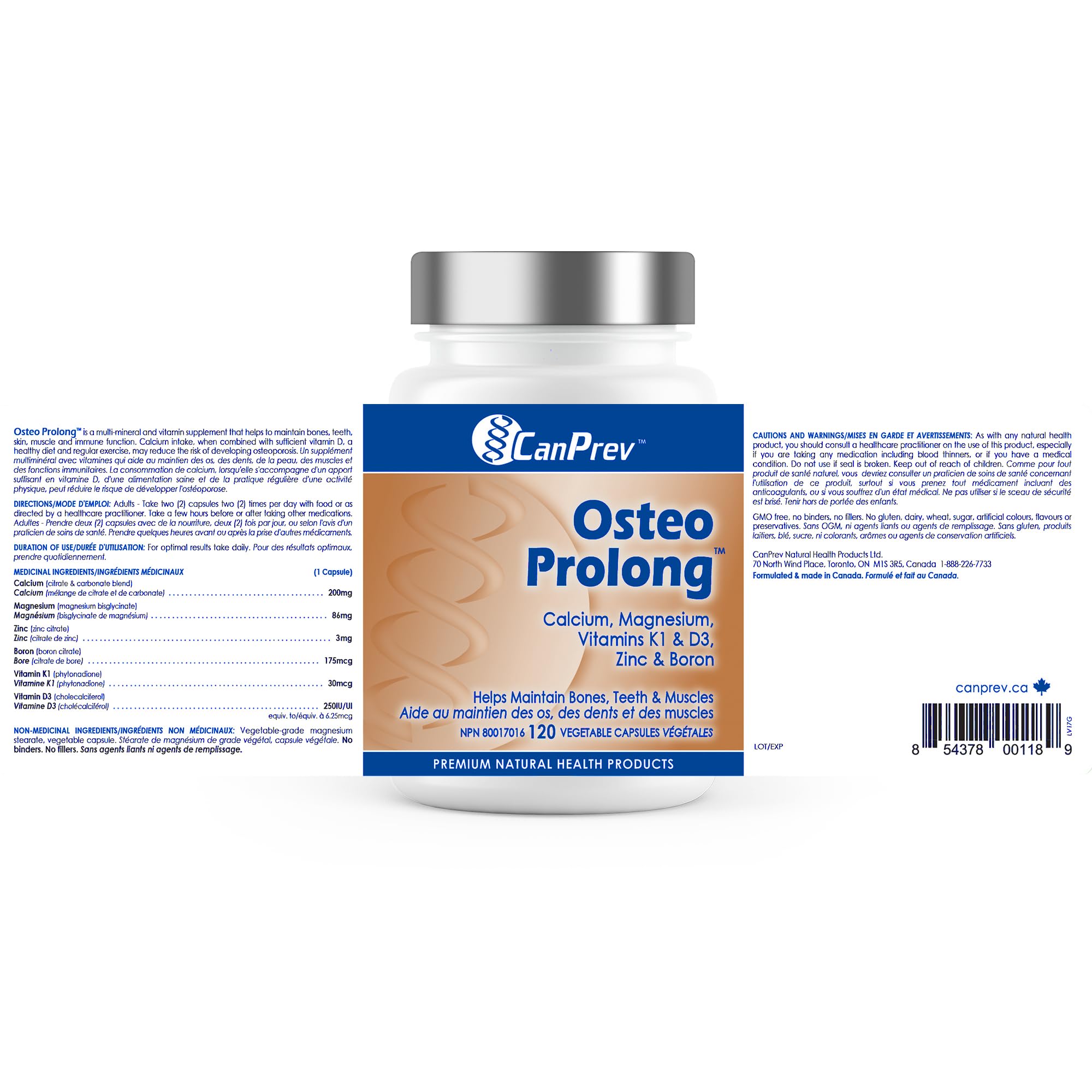 CanPrev Ostéo Prolong, 120 V-Caps, pour 30 jours, Contient du Calcium, du Bisglycinate de Magnésium, du Zinc, des Suppléments de Bore et des Vitamines D3 et K1, Contribue au maintien d'os et de dents sains chez l'homme et la femme